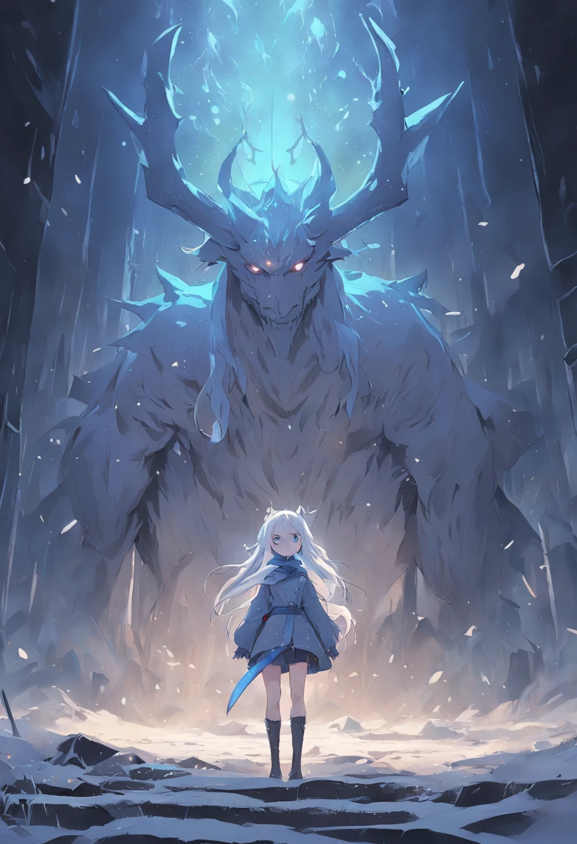 An epic scene in a desolate village reduced to ruin, It's snowing，There is a young girl with white hair，She held a glowing piece of talisman paper，Face a skin blue，Handsome，A giant devil with big horns