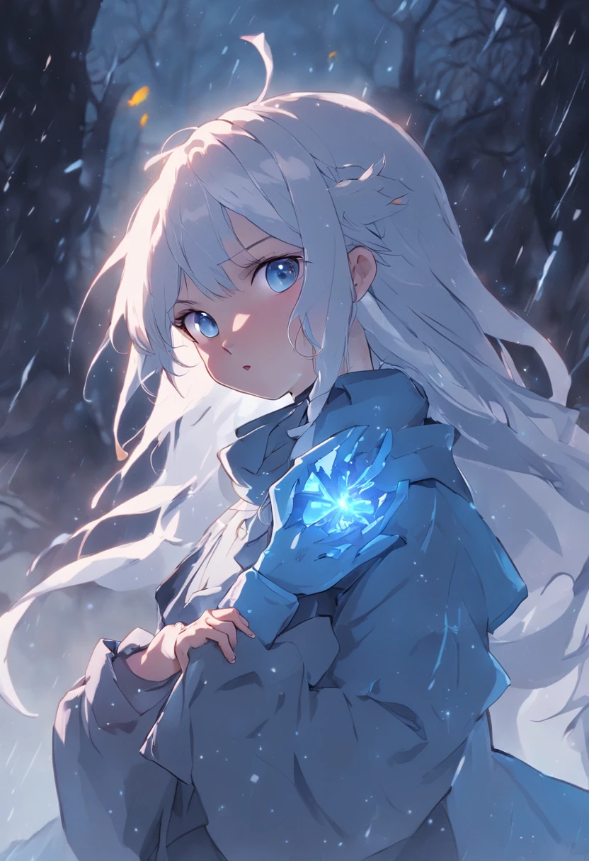 An epic scene in a desolate village reduced to ruin, It's snowing,There is a young girl with white hair,She held a glowing piece of talisman paper,Face a skin blue,Handsome,A giant devil with big horns