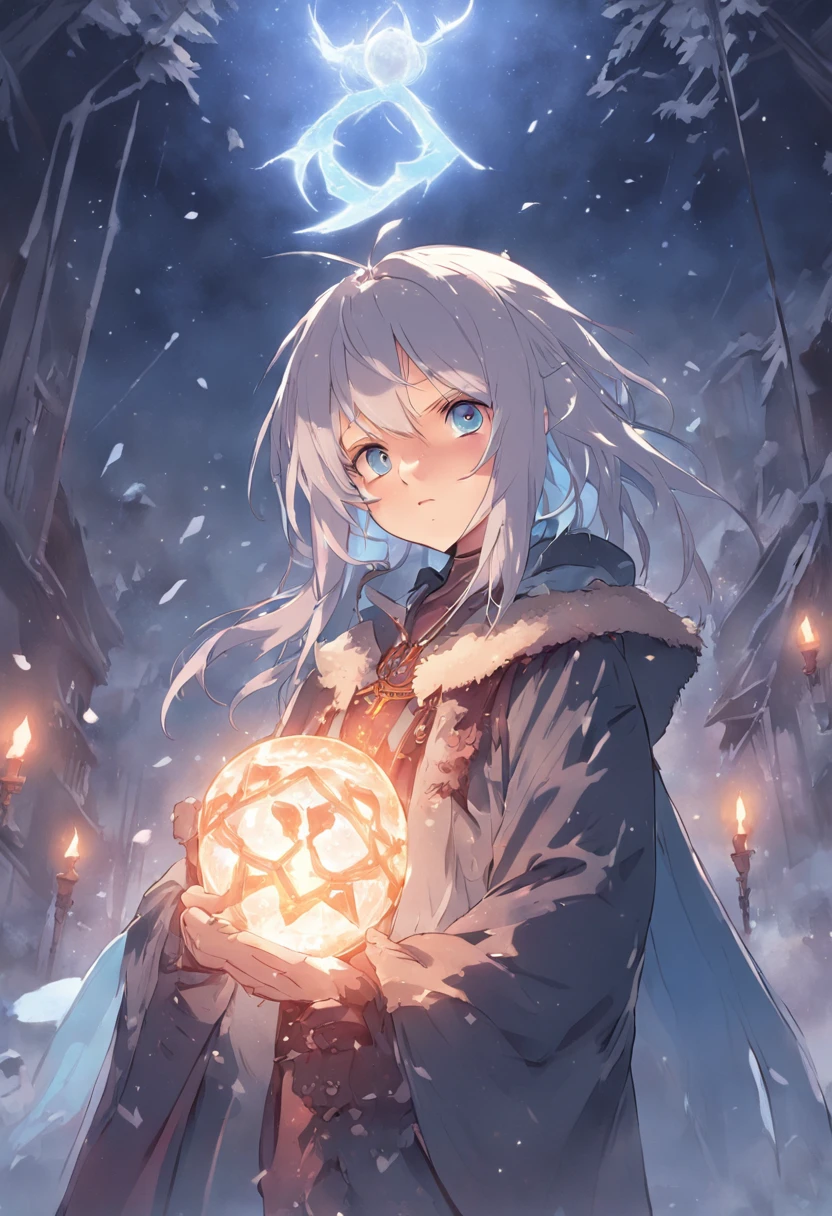 An epic scene in a desolate village reduced to ruin, It's snowing,There is a young girl with white hair,She held a glowing piece of talisman paper,Face a skin blue,Handsome,A giant devil with big horns