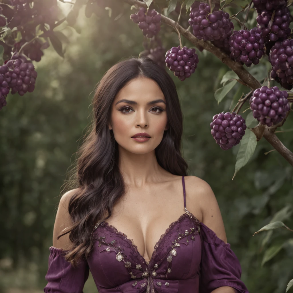 Salma Hayek, smiles slyly, in a wonderful forest, Large plums grow on the tree, Purple bikini, fantasy, fantasy style, good tits, Hot Pose, Hot photo, leans forward, Hands Behind Your Back, magic world, Very realistic, candid photo, Disney style