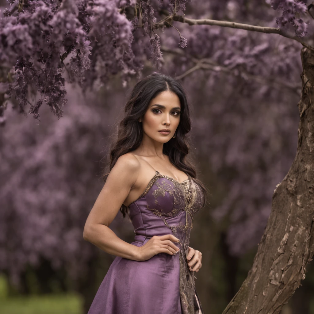 Salma Hayek, in a wonderful forest, Large plums grow on the tree, Purple bikini, fantasy, fantasy style