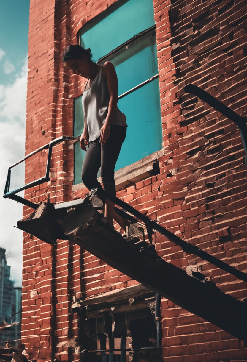 In a high-rise building with discarded bricks，Girl leaning against the railing，Looking up at the corner of the sky, desperate and suffocating, but with the sun, there is no loss of hope