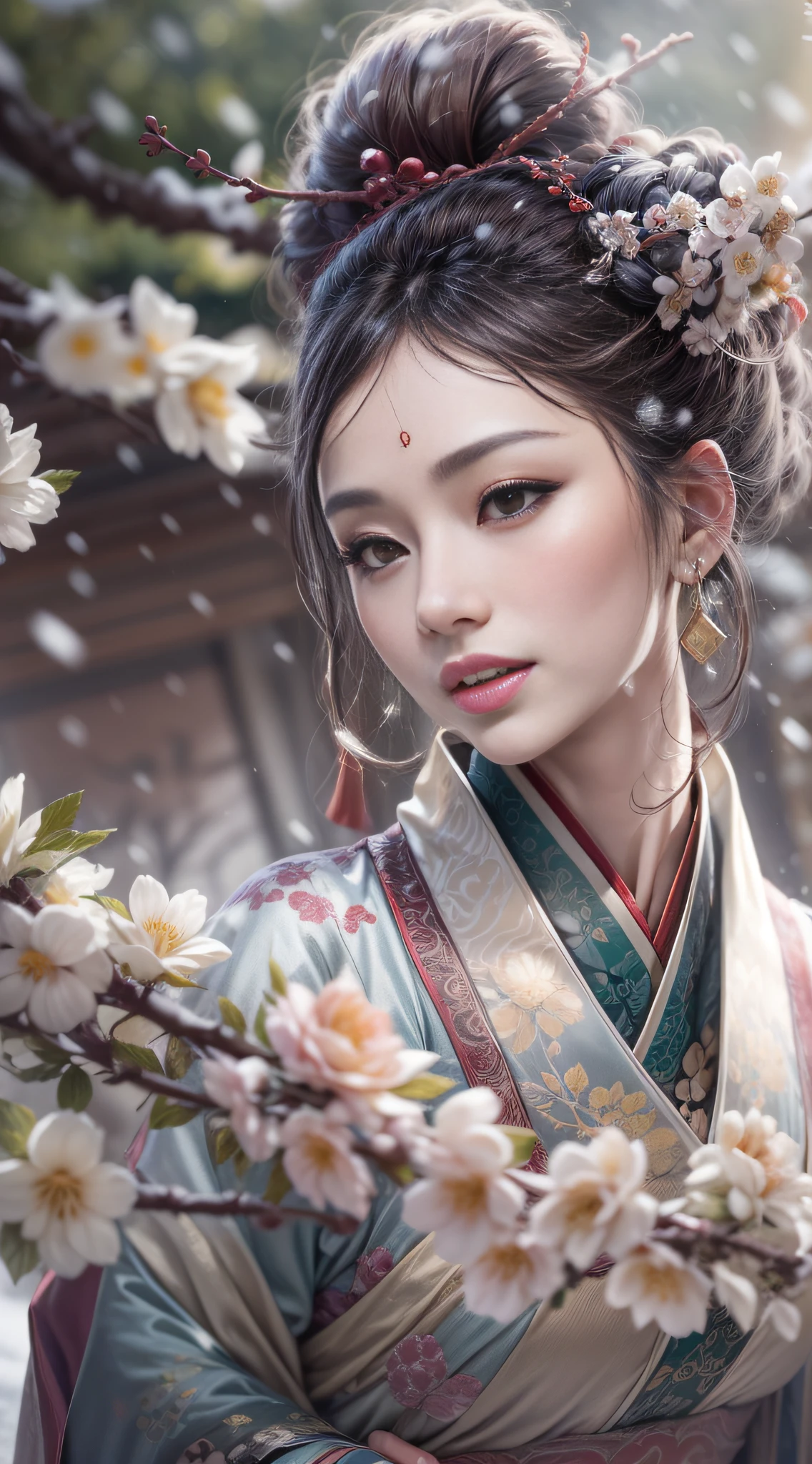 （Blurred foreground：It was snowing heavily：2.0，），（Plum blossoms fall snowflakes：1.6），（Chinese Song dynasty beauties dancing），（realisticlying，??????? correct，Korean star face，ssmile，The hands and face are very delicate and clear），（Stand in the middle of a quaint courtyard，Plum tree，Song dynasty winter clothing），（wide angles，Ultra HD details，Masterpiece, hyper HD, Super detail, High details, Best quality, A high resolution, Award-Awarded, 8K），（Chinese premium color scheme，电影灯光）