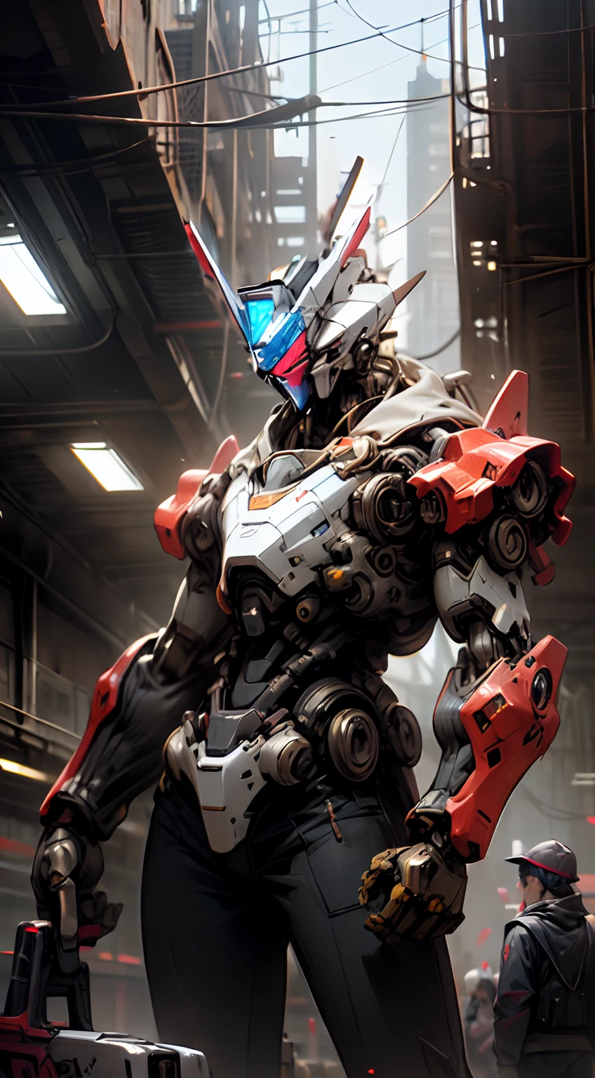 Highly detailed work, mechanical robot head, gundam unicorn like, transformer, mech, with blue visor