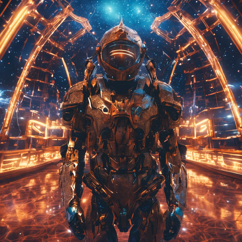 Best quality, Masterpiece, 超高分辨率, (photograph realistic:1.4), surrealism, Dream-like,fusionart, Star Armor,Constellations twinkle , The small universe burns, Blue energy