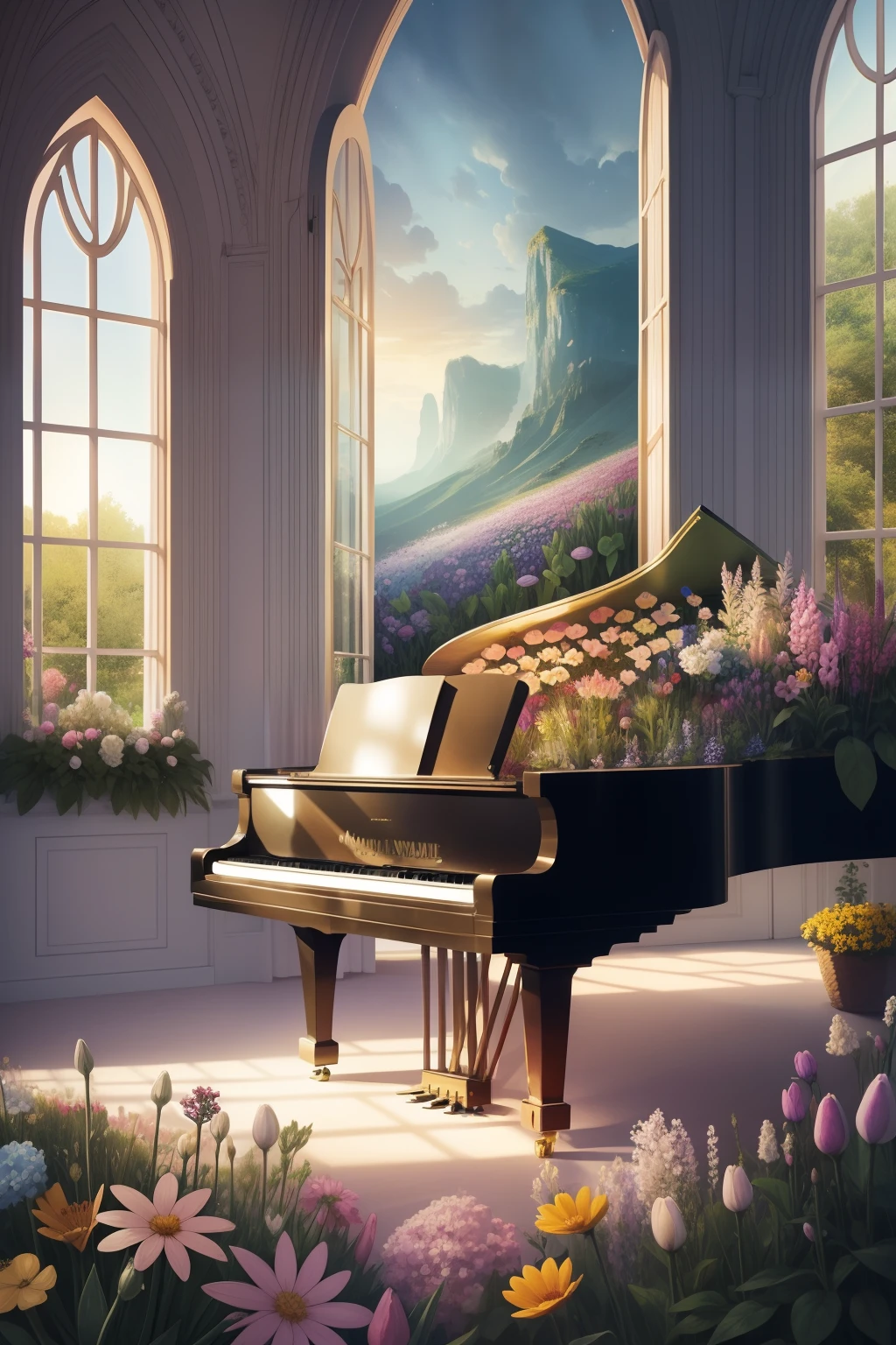 fickle Cartoon-like illustration of a fantastic world In the wilderness The outside world piano flower field Piano covered with flowers natural soft light Flowers houseplant colourfull Flowers in the room Piece of art tender Warm Modern Sophisticated In a dream Liberation Open