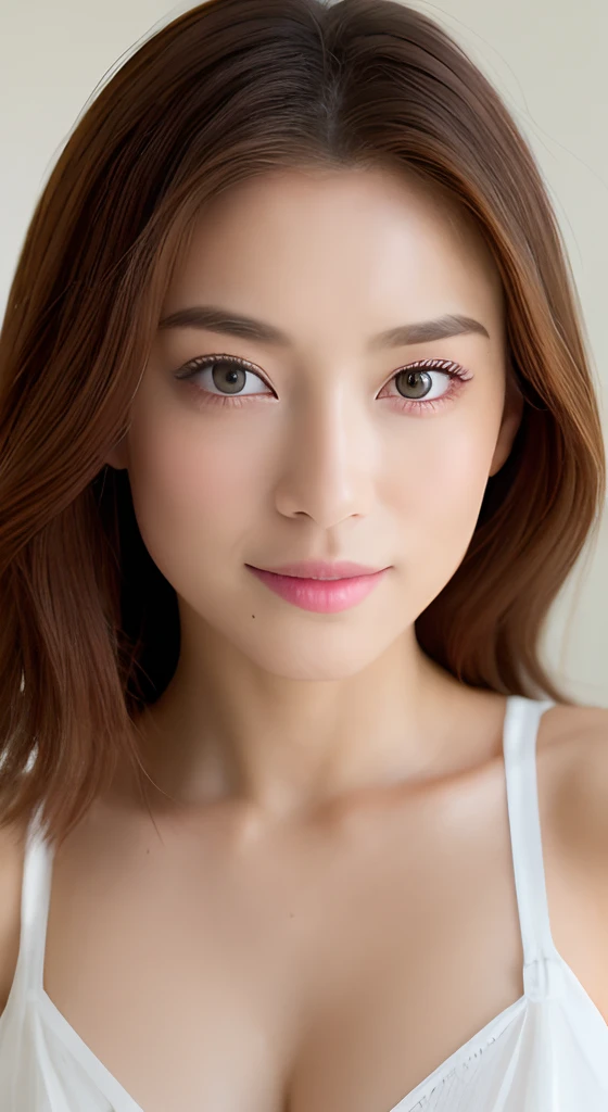 ((top-quality、8K、masterpiece:1.3))、1girl in、Slim Abs Beauty:1.3、(Hairstyles Brown Hair Shortcuts、Colossal tits:1.2)、doress:1.1、Super fine face、Delicat eyes、二重まぶた、A smile、Home、Raw photo、Tank Tops、tits out、Sharp Eyebrows、japanes、cleavage of the breast、Slender beauty、Colossal tits