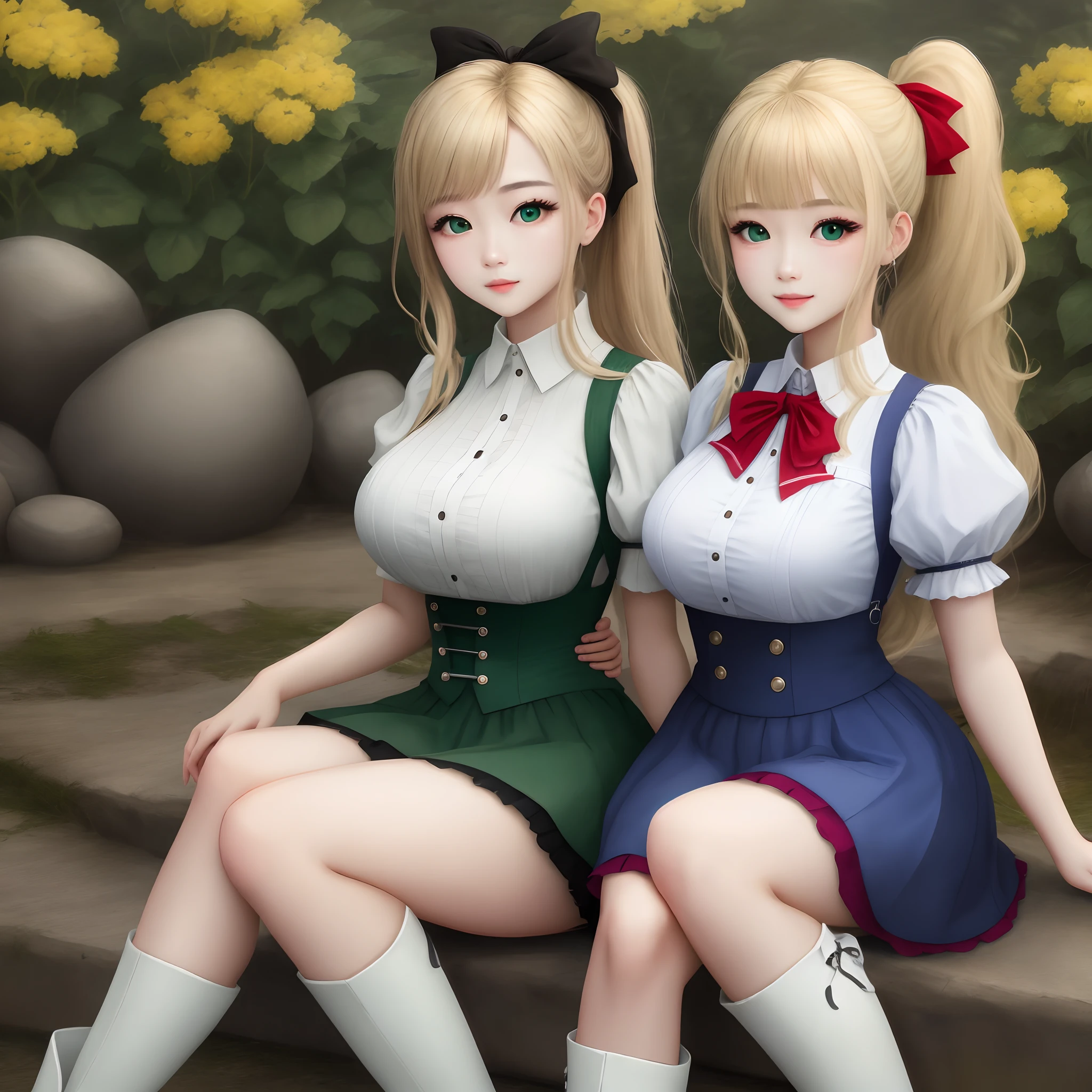 (masterpiece, best quality:1.4), (8K), Young blonde beauty, (((2 girls in love, 18 years old, neat girl))), detailed blue eyes, long eyelashes, blush, kind smile, horny, upper body, topless, small ass, slender thin legs, vagina, (looking at viewer), beautiful blonde hair, white-skinned, straight bangs, pigtails, squeezing, on top of each other, open legs, (medium size breasts), (mushroom forest, celestial forest, beautiful and magnificent pink sunshine, majestic sky), natural light)
