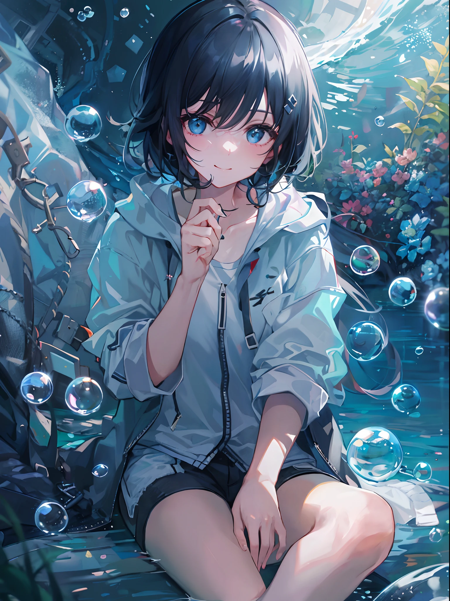 ((top-quality)), ((masterpiece)), ((ultra-detailliert)), (extremely delicate and beautiful), girl with, 独奏, cold attitude,((Black jacket)),She is very(relax)with the(Settled down)Looks,A dark-haired, depth of fields,evil smile,Bubble, under the water, Air bubble,bright light blue eyes,Inner color with black hair and light blue tips,Cold background,Bob Hair - Linear Art, shortpants、knee high socks、Camisole inner shirt、White uniform