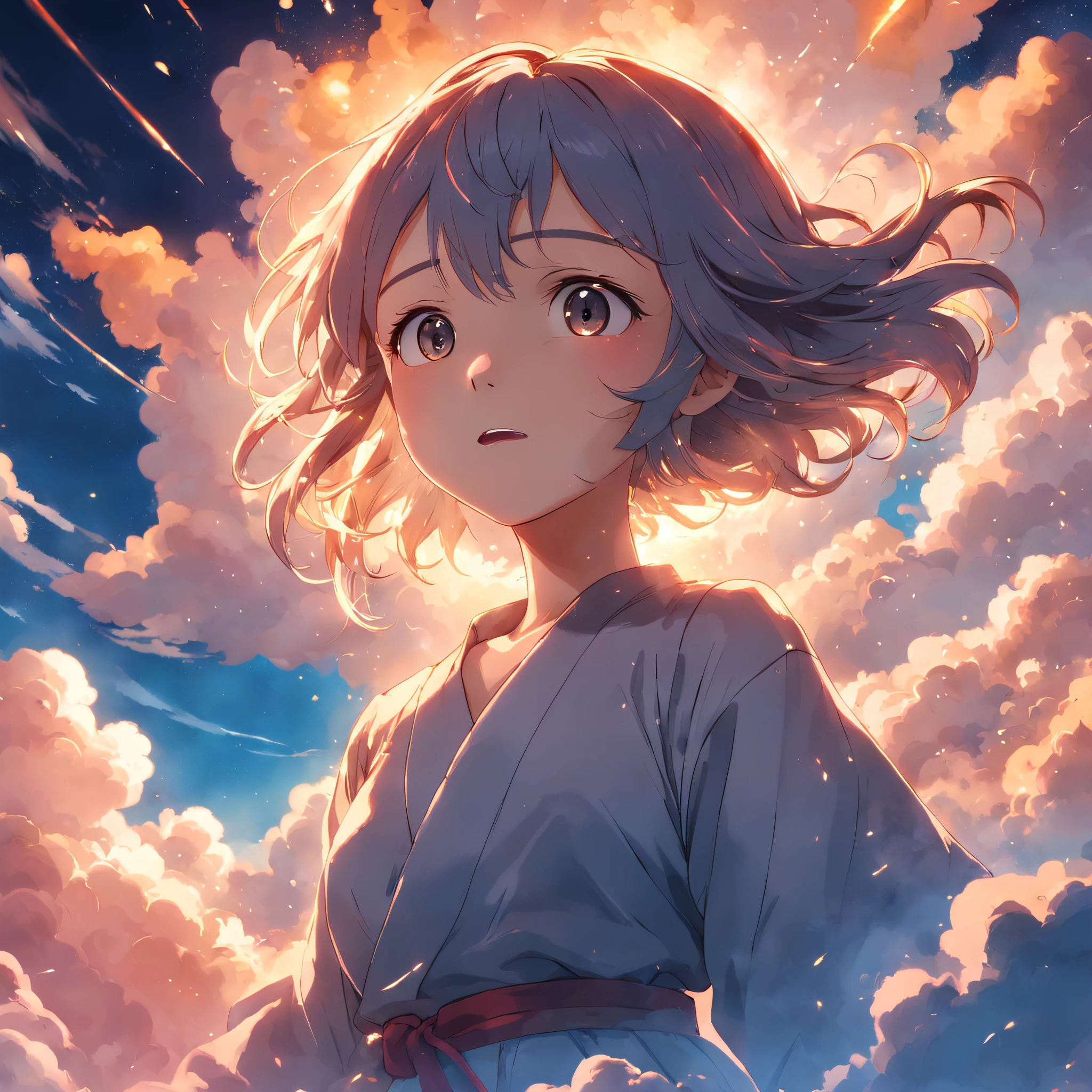 masterpiece, best quality, movie still, 1girl, cloud girl, floating in the sky, close-up, bright, happy, warm soft lighting, sunset, (sparks:0.7)