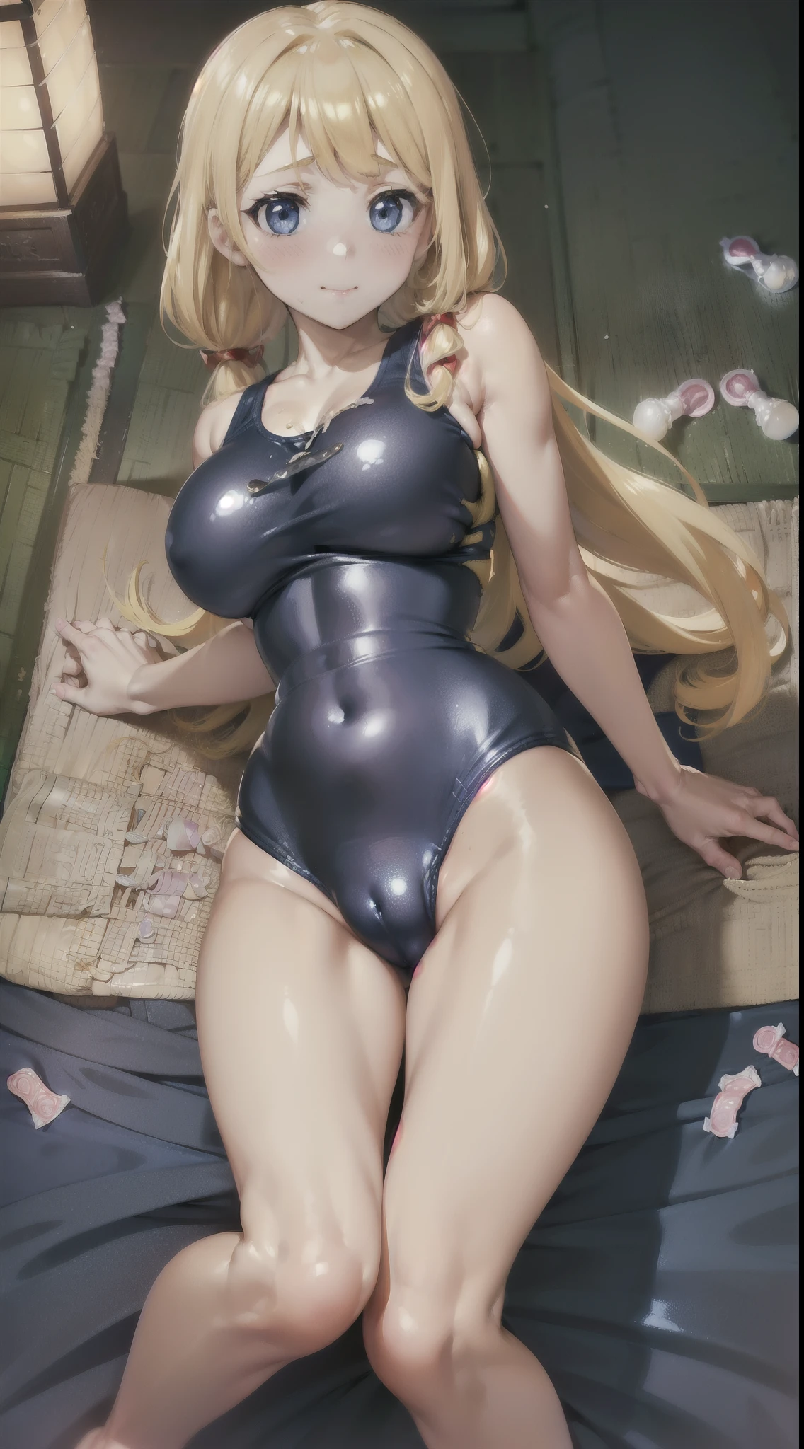 (((megami magazine))),(masterpiece)), ((top-quality)), (The ultra-detailliert), ((kawaii)), cute little, (Wonderful), ((ighly detailed)), 4K、 (8K), top-quality, (Beautiful fece),(((World-class quality))), ighly detailed, hight resolution,(((独奏))),((((Golden hair)))).((((Shiny blonde hair)))),((Red ribbons)),(((Less bangs))),(((put out one's forehead))),、(((long transverse hair)))、(((Medium twin tails))),(((White and beautiful skin))),(((Detailed and beautiful blue eyes))),(((large udder))),(((Detailed depiction of the thigh))),、(((((Scattered used condoms))))).(((Detailed crotch depiction)))、(((Open your crotch)))、(((A slight smil)))、(((red blush)))、(((Beautiful body lines))).((Crab crotch)).((Putting out the chest)).(((Show breasts)))、((Look down at me))、((((((Composition seen from the feet)))))).(((((composition seen from below))))).(Official)、((((小柄))))、(((Blue eyes))),(((Detailed eye depiction))),(((beautidful eyes)))、((Open chest)).(((Kneeling))、,(((Opening legs))),(((traditional Japanese room))),((On the futon)),The electric massager is falling、(((Breast milk out of the)))、((open one's legs))、(((Navy blue school swimsuit))),