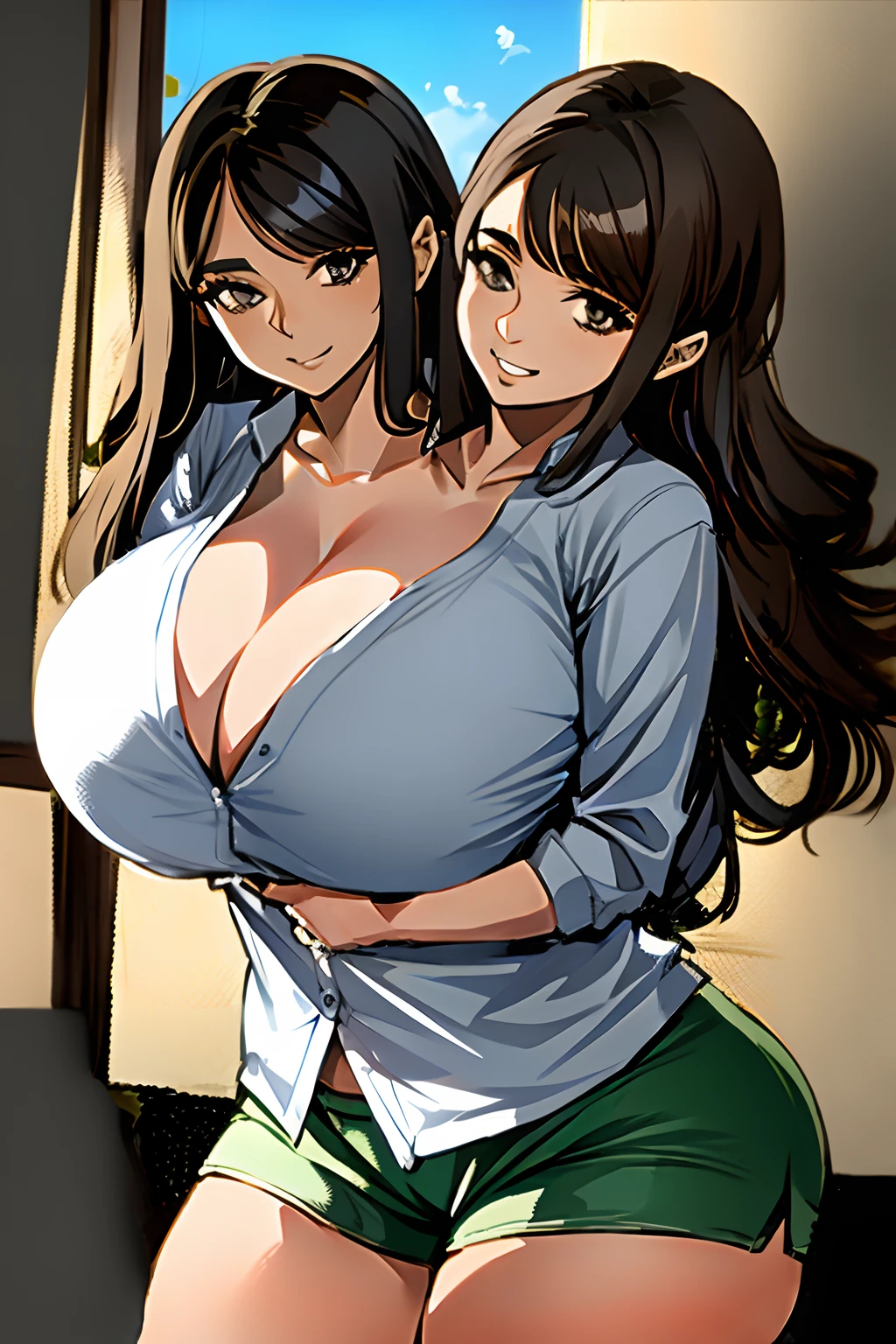 2heads, a fat woman with two heads. She has enormous breasts. She is in a well-lit bedroom with a window. She is laughing. She is flirty. She is wearing an unbuttoned blouse and sport shorts. She is touching her breasts. She has enormous boobs. She is chubby. Massive breasts. She looks mature. She is extremely short. She is extremely fat. She has massive fat breasts. She has long straight brown hair.