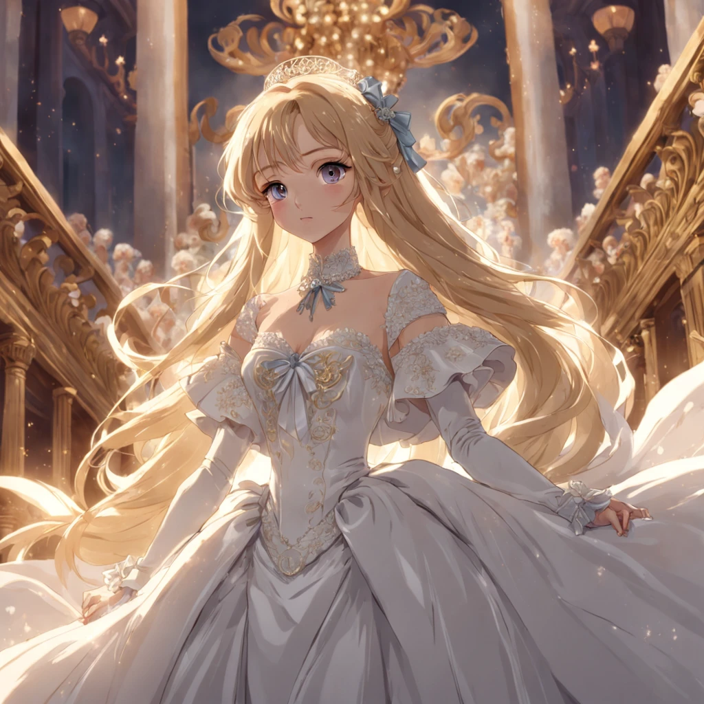 Best quality, Masterpiece, A stunningly beautiful Greer Gramer as a royal groom，Wearing a stately and delicate white satin royal dress，Decorated with a bow, frilld, embroidery, Carefully curly and styled hair