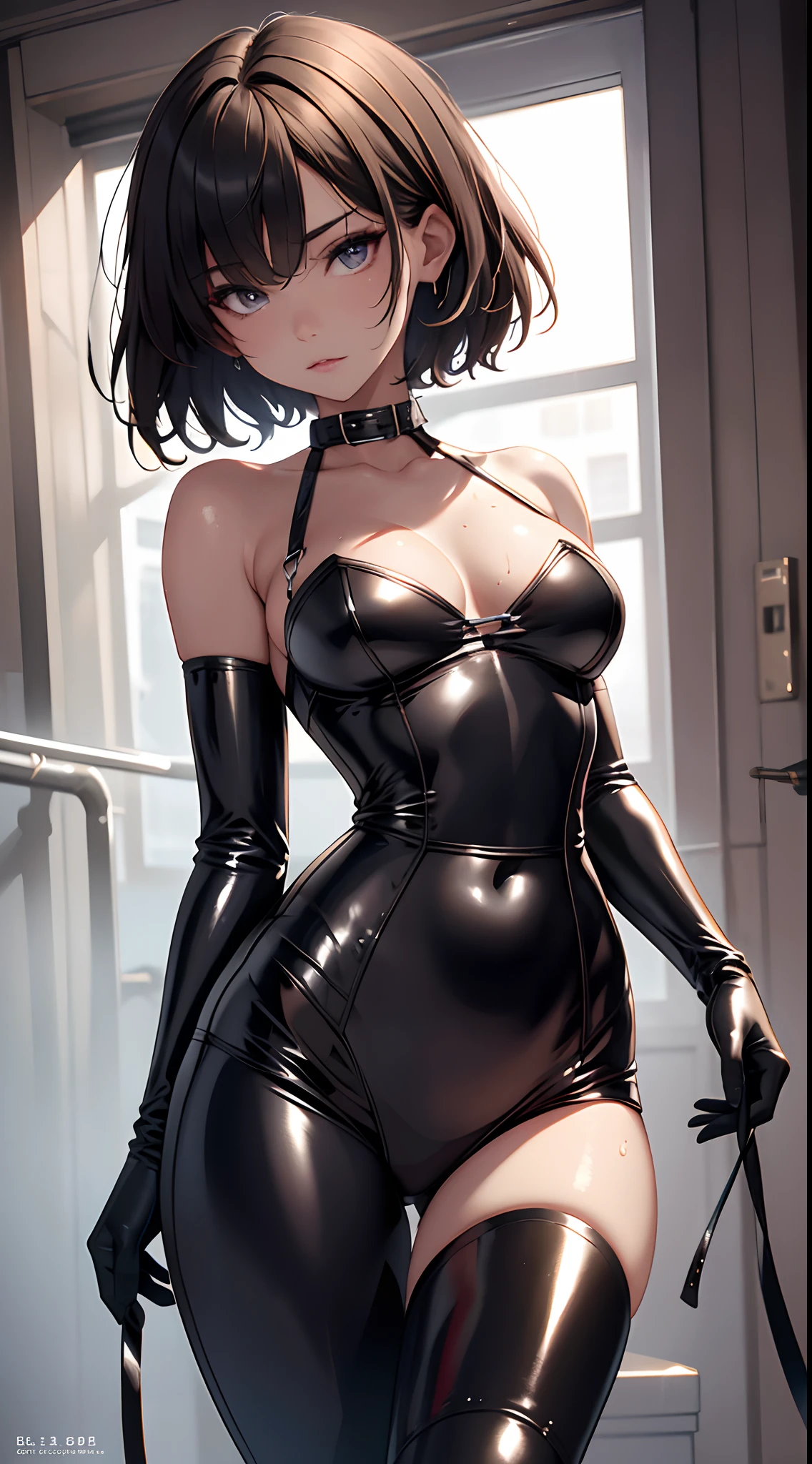Shackles, BDSM, slave, rubber, black corset, catsuit, collar, nsfw, ((highest quality, 8k, masterpiece: 1.3)), crisp focus: 1.2, beautiful woman with perfect figure: 1.4, slender abs: 1.2, wet body: 1.5, highly detailed face and skin texture, detailed eyes, double eyelids, very short hair,