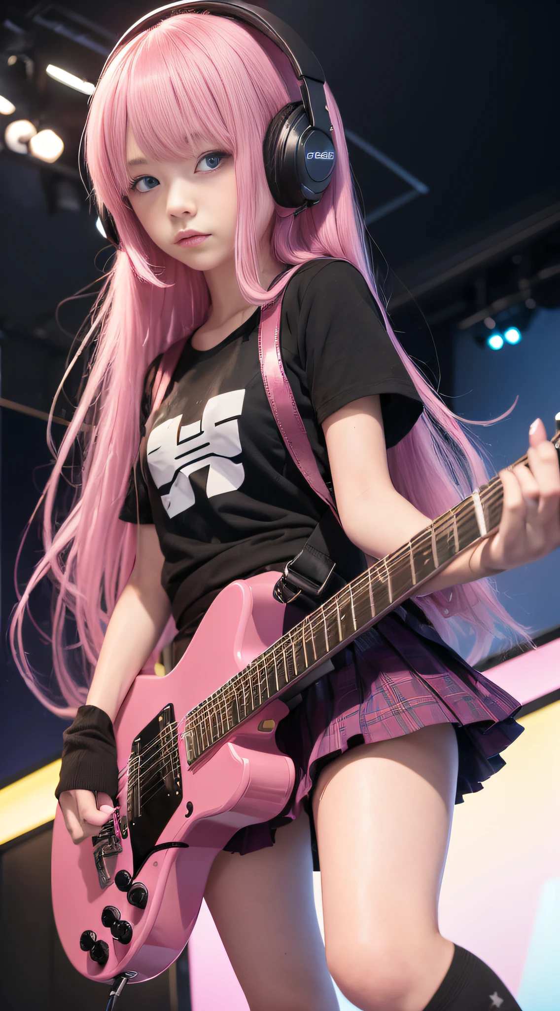 ((masutepiece, Best Quality)), 1 girl, Solo, Black skirt, Blue eyes, electric guitar, Guitar, headphones, Holding, Grip Board, musical instrument, Long hair, Music, Side Up, Pink hair, plays the guitar, Pleated skirt, Black shirt, In outer space