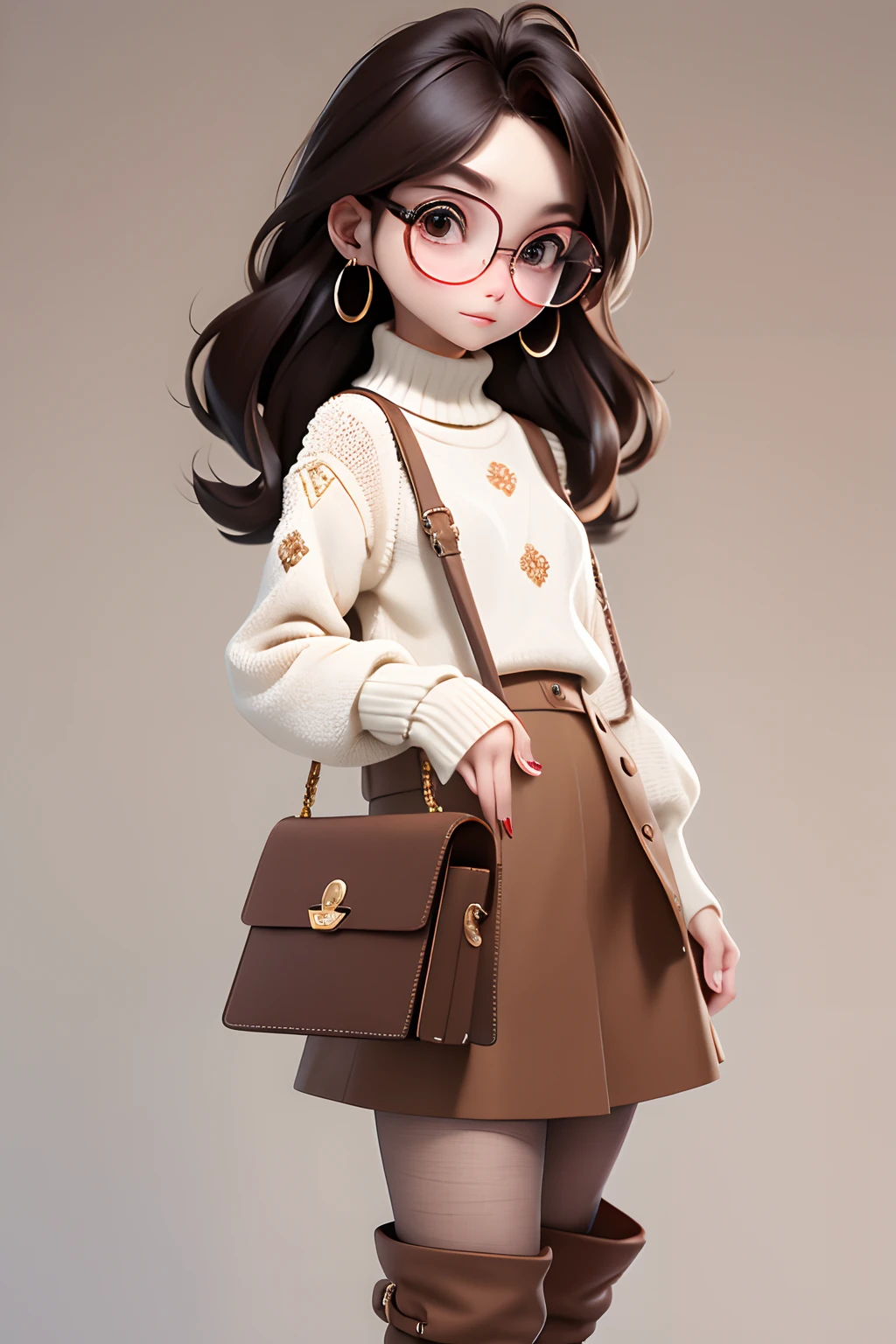 Masterpiece, Best quality, 8K, offcial art, Cinematic light, 超高分辨率, 1girll, Sexy, mature, Solo, jewelry, Glasses, short skirt, Exposed flesh,with long coiled hair, bag, Viewer, hoop earings, White sweater, Brown hair, Brown eyes, brown background,Brown skirt, sleeves past wrists, Turtleneck, Long sleeves, Holding,Brown jacket, brown nails, 手拿手提包,Over-the-knee boots