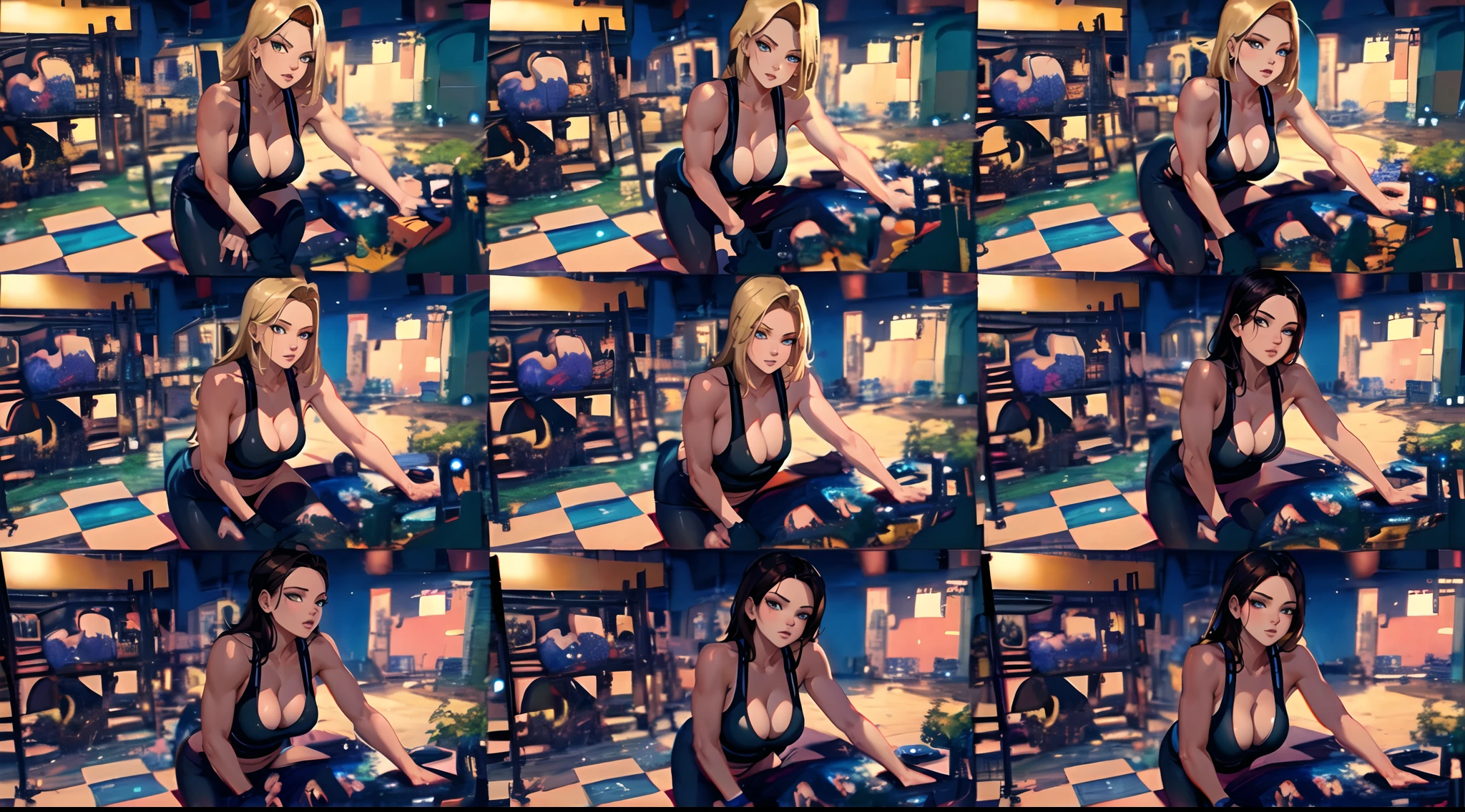 um conjunto de nove poses diferentes de uma mulher gostosa, Unparalleled masterpiece, ultra realista 8k CG, Perfect artwork, (1girl:1.1) , sozinho, ((figura feminina perfeita)), (NSFW), Olhando para o Viewer, Mature female, (Provocando), best quality:1.1 , postura sedutora, pose sexy, sedutor, (Beautiful), (Curvy), (grosso), blonde hair, (olhos amarelos:1.2), Android 18 in the gym, suado, dingy gym, suar, sport bra and shorts, musclar , suado 4 k, workout, bum, Coxas!!!!!!, foco nas coxas, ombros podem ser vistos, Flexionando, suando muito, menina de cabelo longo, android 18, blond, blond girl