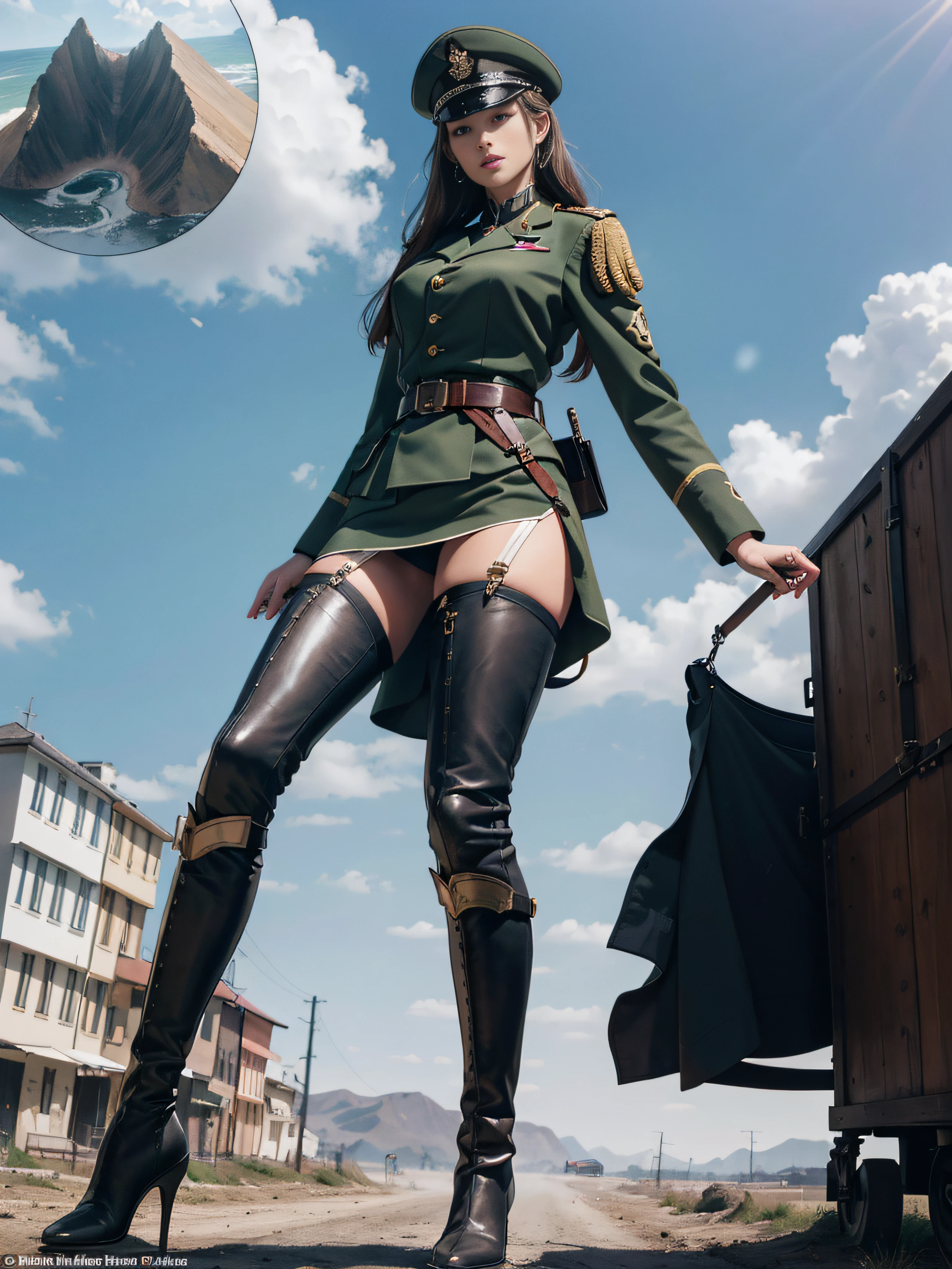 tmasterpiece，A high resolution,Absolutely beautiful，a mature female，European warriors，WWII，Fine and detailed eyes and detailed face，Tall and tall，Wearing an officer's uniform，tight uniform，Tight trousers on the lower body，Wear booties，Show knee-length stockings，Female general，military officer， allure：Tall，haughty，Mature temperament，Wide buttock，Thick thighs，In the midst of the war，are standing，action