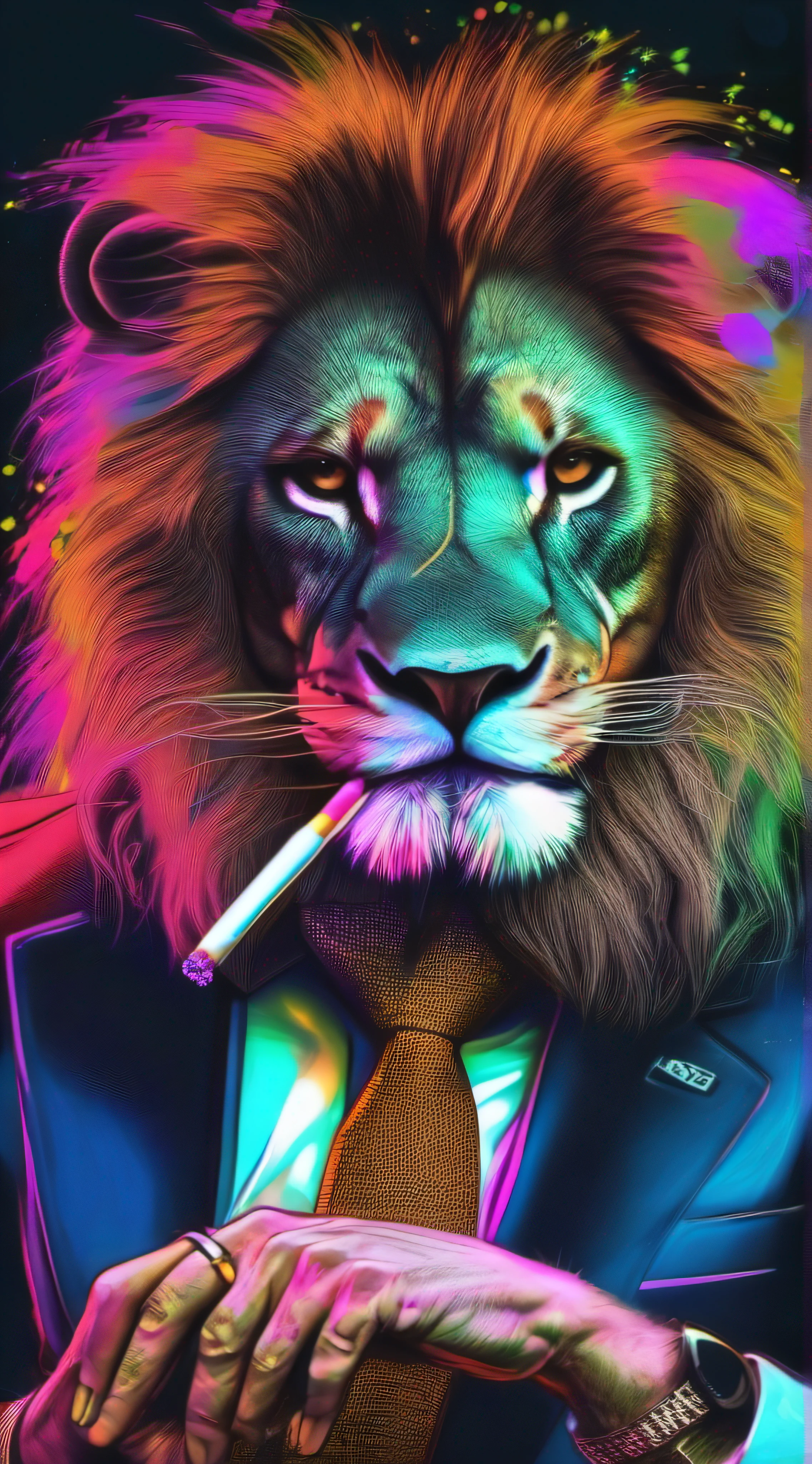 Lion in suit smoking cigar, vibrante, foto realista, realista, dramatic, foco nítido, 8k, obra-prima, alta qualidade, melhor qualidade, muito detalhado, detalhes nos pelos