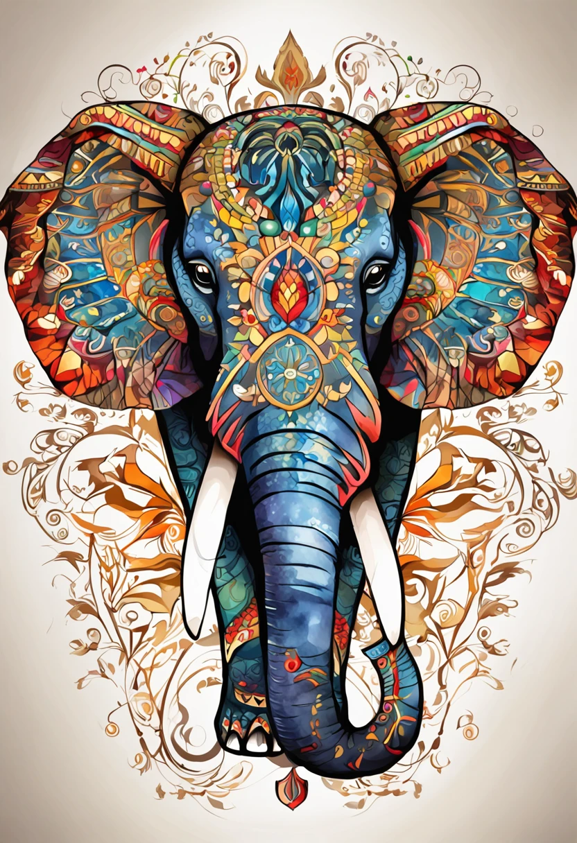 "Vibrant and mesmerizing kaleidoscope with a magnificent elephant head, intricate vector design on a sleek black background."