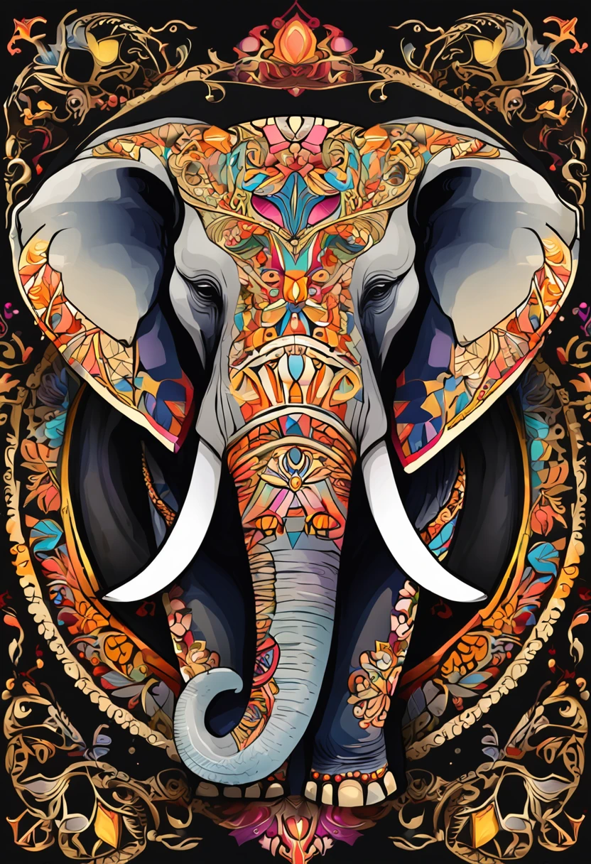 "Vibrant and mesmerizing kaleidoscope with a magnificent elephant head, intricate vector design on a sleek black background."