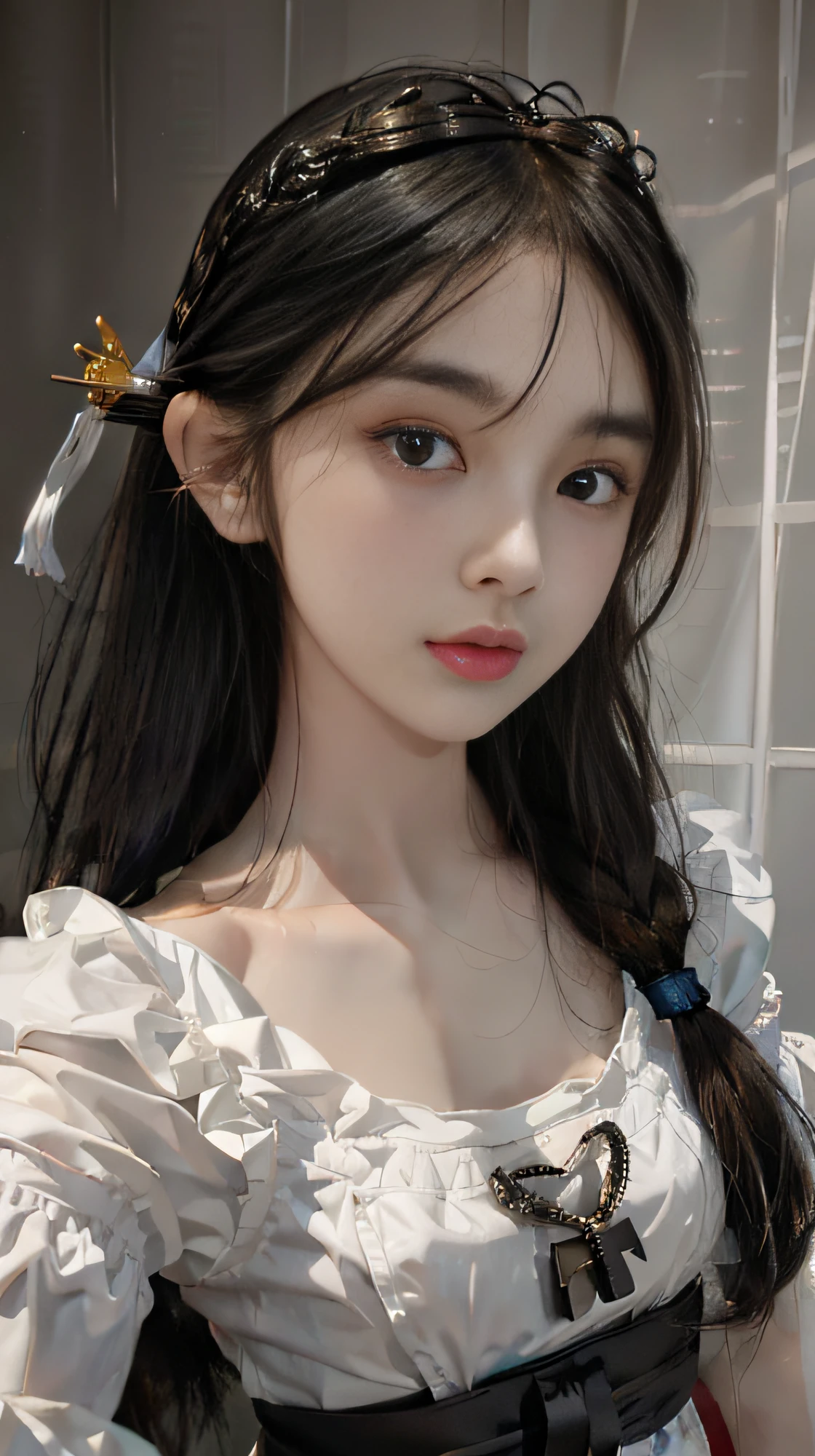 best quality, (photorealistic:1.2), 1girl, solo, shiny skin, detailed face, face focus, standing, black hair,(hair ornament:1.35), twintails, japanese clothing, ribbon sleeves, split sleeves, ribbon trim, wide sleeves, (Looking at the audience: 1.5) long hair, black eyes, bangs, underwear, lips,