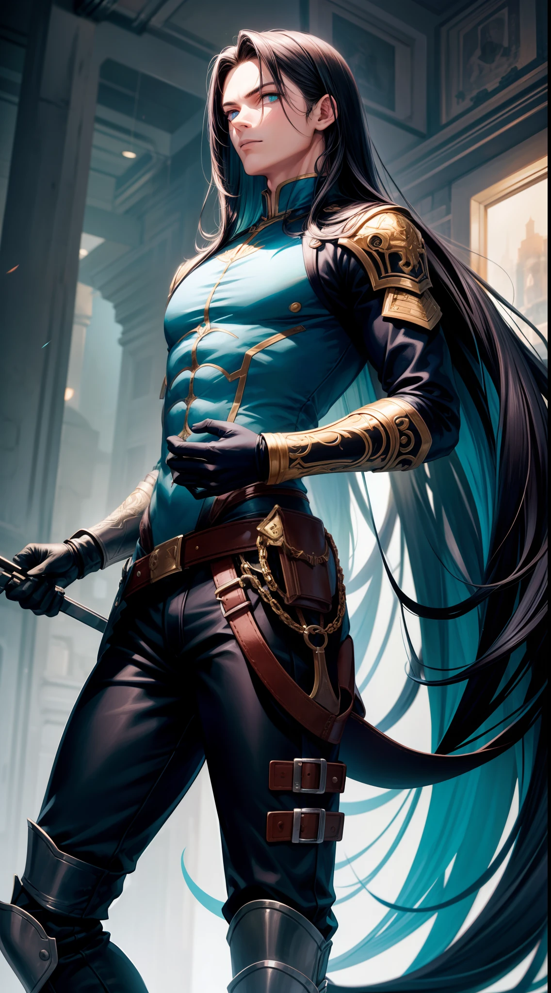 Young man, Long black hair, Cyan eyes, Tatoo, open torso, breeches, Iron hands, tmasterpiece, hiquality