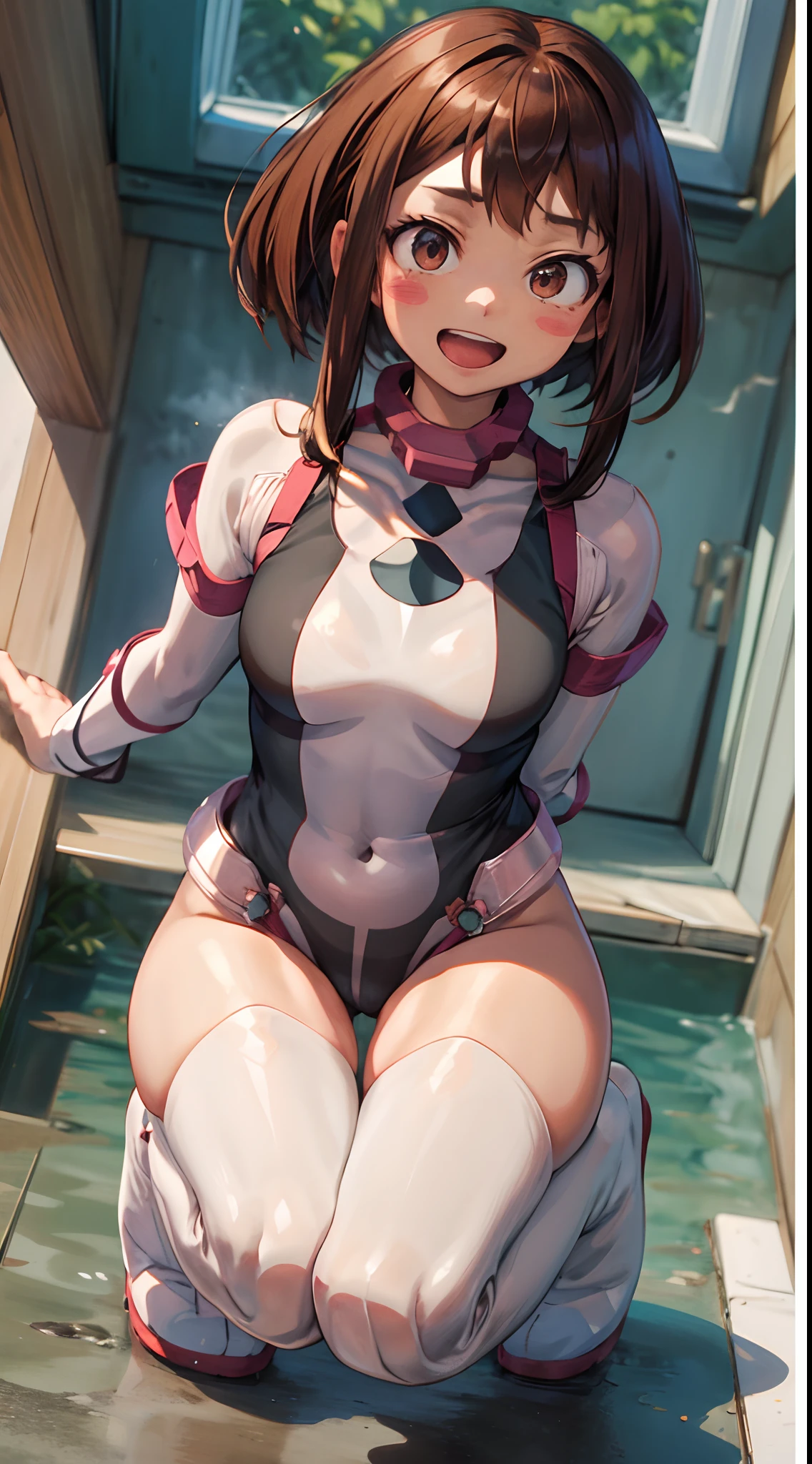 masterpiece, top-quality, hight resolution, Woman peeing with open legs、masterpiece、M-shaped legs、white panties、Squatting、hmochako, blush stickers, shorth hair, Medium chest, Superhero, body suit, long boots, jumpping, Binds, magia, A smile, Opening Mouth, Skysky, clouds, magia
