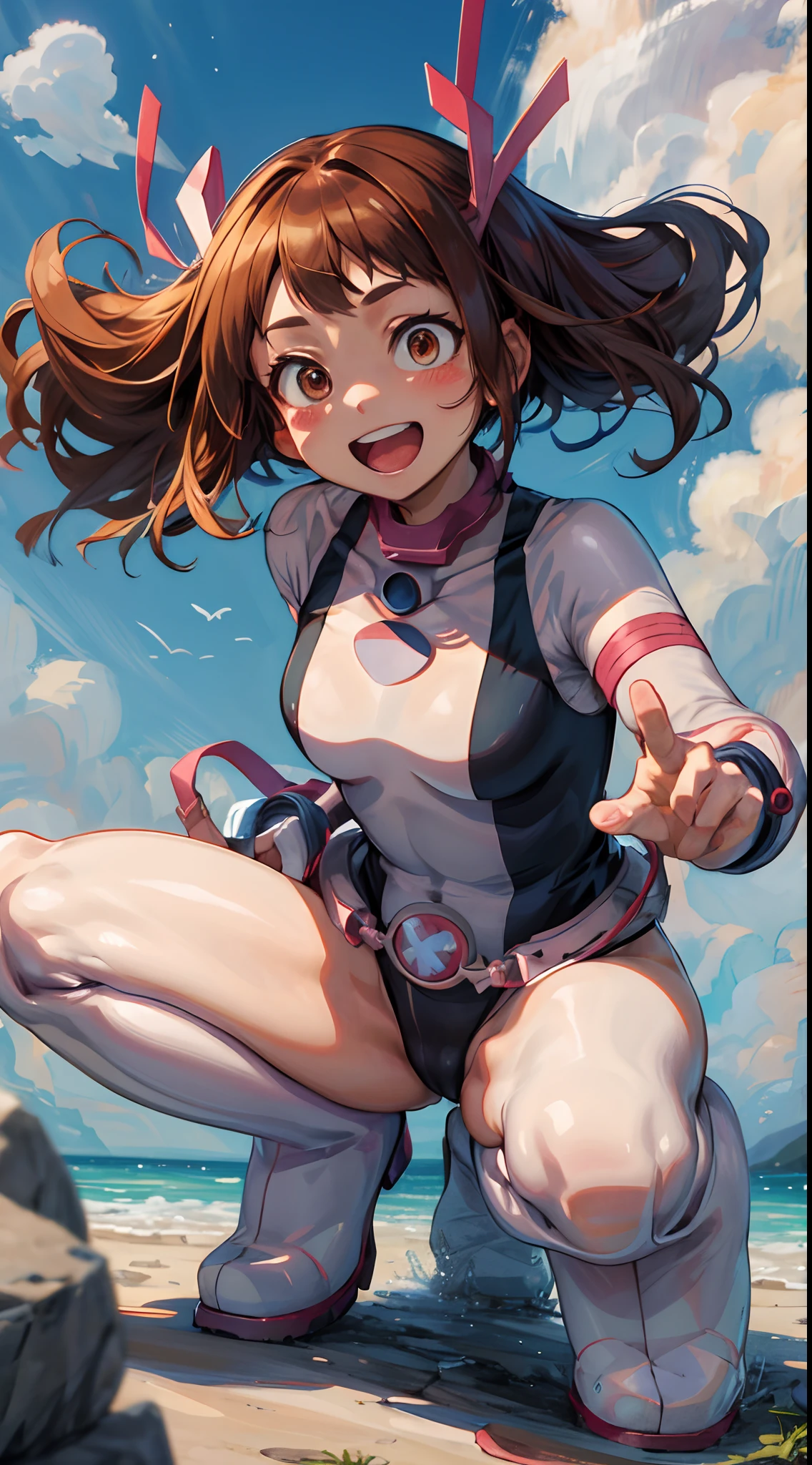 ​masterpiece, top-quality, hight resolution, Woman peeing with open legs、​masterpiece、M-shaped legs、white  panties、Squatting、hmochako, blush stickers, shorth hair, Medium chest, Superhero, body suit, long boots, jumpping, Binds, magia, A smile, Opening Mouth, Skysky, ​​clouds, magia