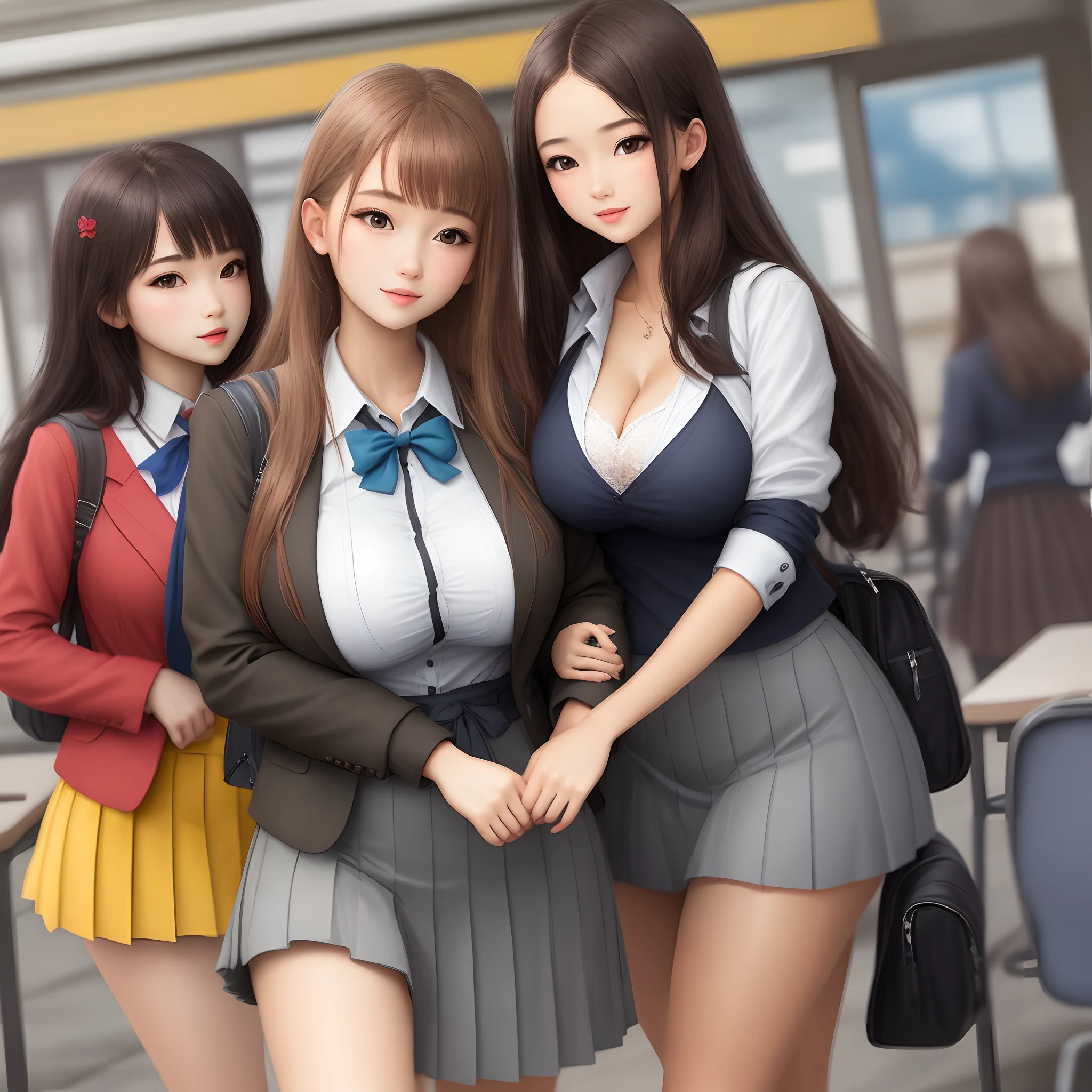 tmasterpiece,Best quality at best,,Huge breasts with tits,ssmile,School Classroom,Sat down,On a table,plaid skirts,Galkoschool School