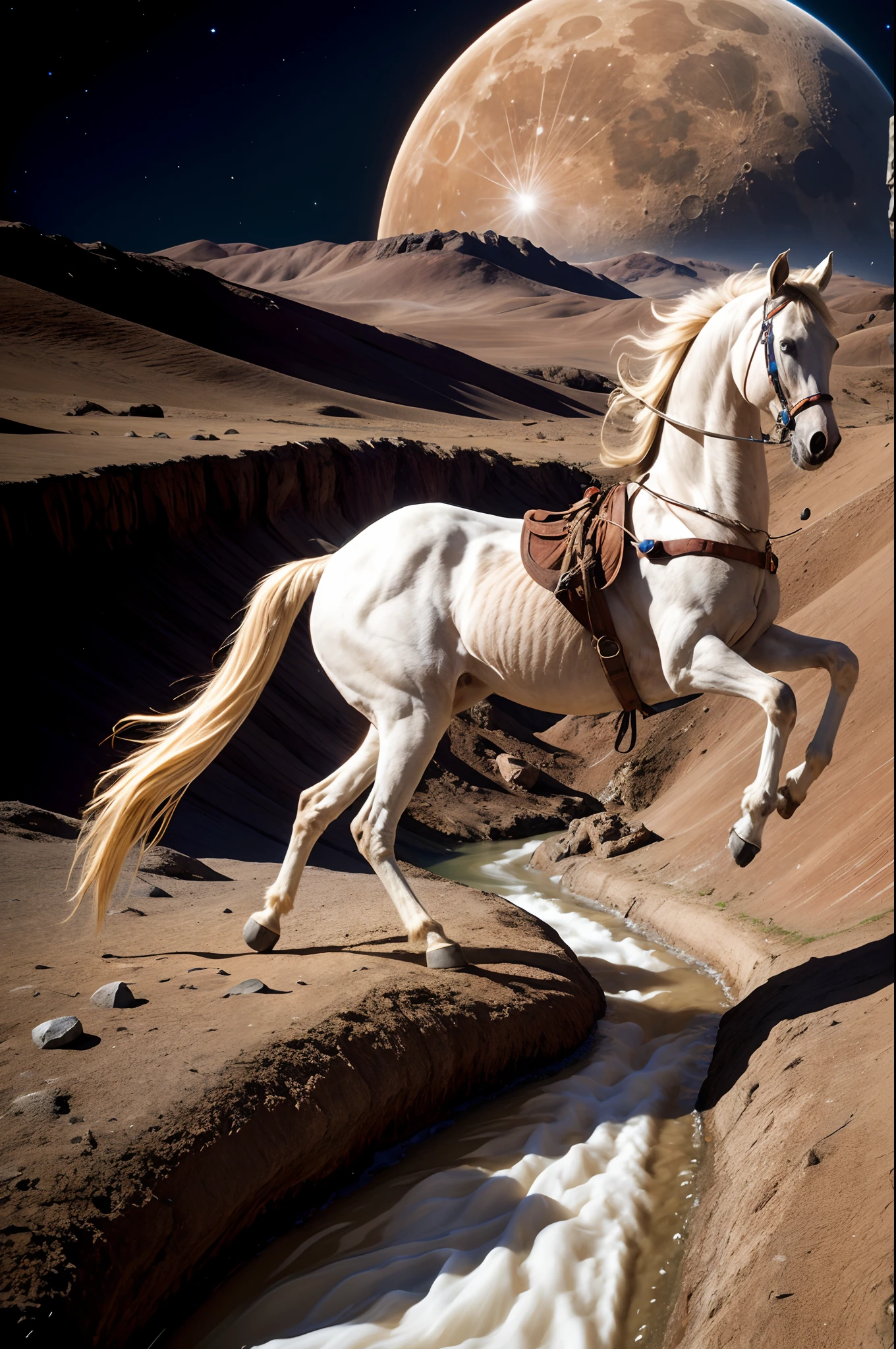 Horse emerging from a silver river in a lunar landscape with human teeth and hair along the body