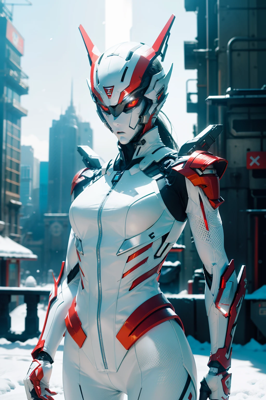 masterpiece、top-quality、hight resolution、cyberpunked、Real with creativity、White and red metal body、Slender woman、Beast Woman、Ultraman、snow-white body、(Stance:1.1)、Biomechanics、 Megacities of the future、Dramatic Lighting、Beam rifle in hand、