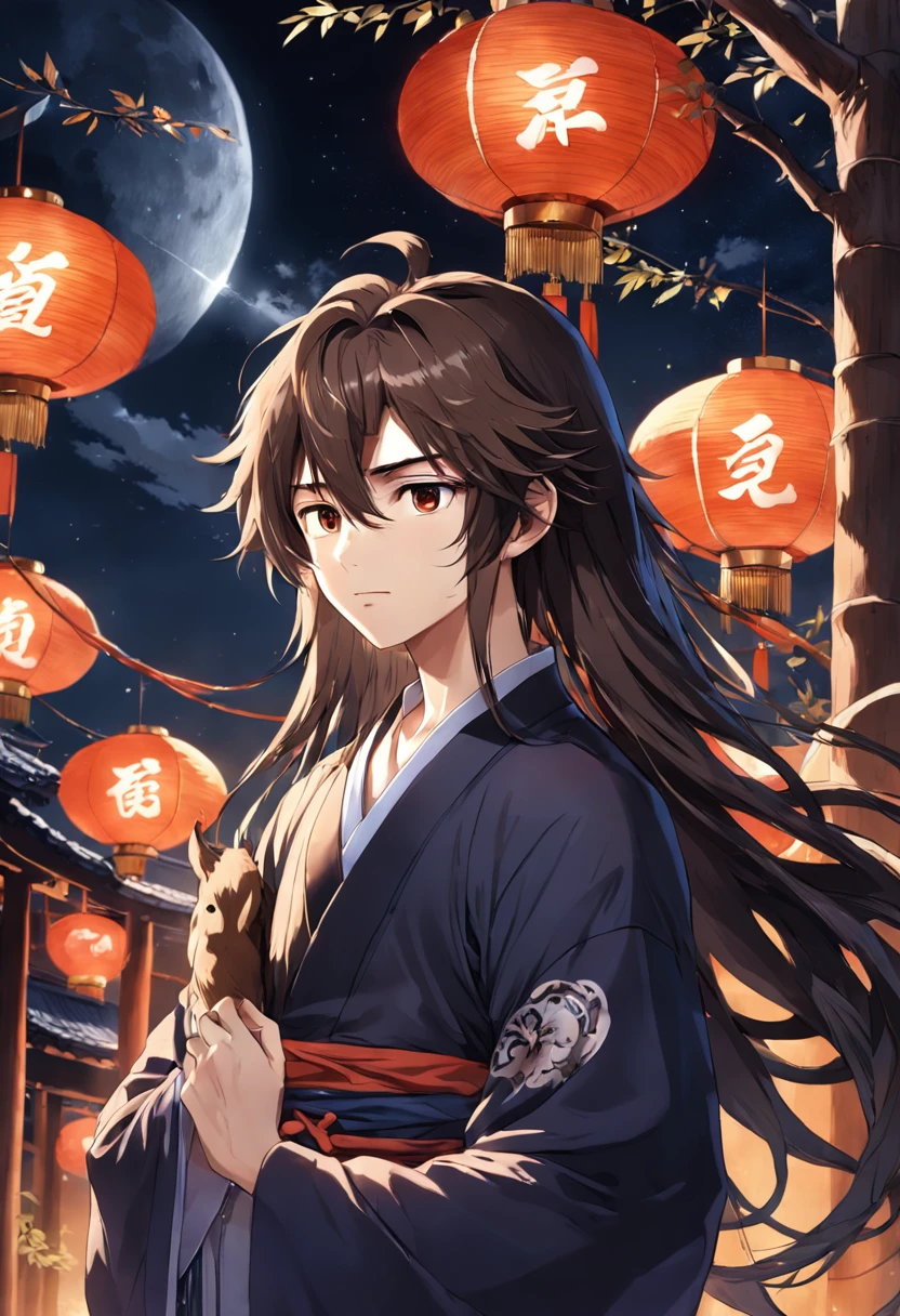 Best Quality, masutepiece, highly detailed wallpaper, Moon, Long hair, 1boy, Male Focus, Night, holding animal, skyporn, Upper body, fullmoon, nigh sky, Brown eyes, Hair Ornament, animal, Holding, Black hair, Outdoors, Solo, chinese clothes, Bamboo, Wide sleeves, Brown hair, Long sleeves,