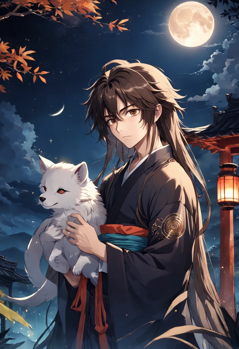 Best Quality, masutepiece, highly detailed wallpaper, Moon, Long hair, 1boy, Male Focus, Night, holding animal, skyporn, Upper body, fullmoon, nigh sky, Brown eyes, Hair Ornament, animal, Holding, Black hair, Outdoors, Solo, chinese clothes, Bamboo, Wide sleeves, Brown hair, Long sleeves,