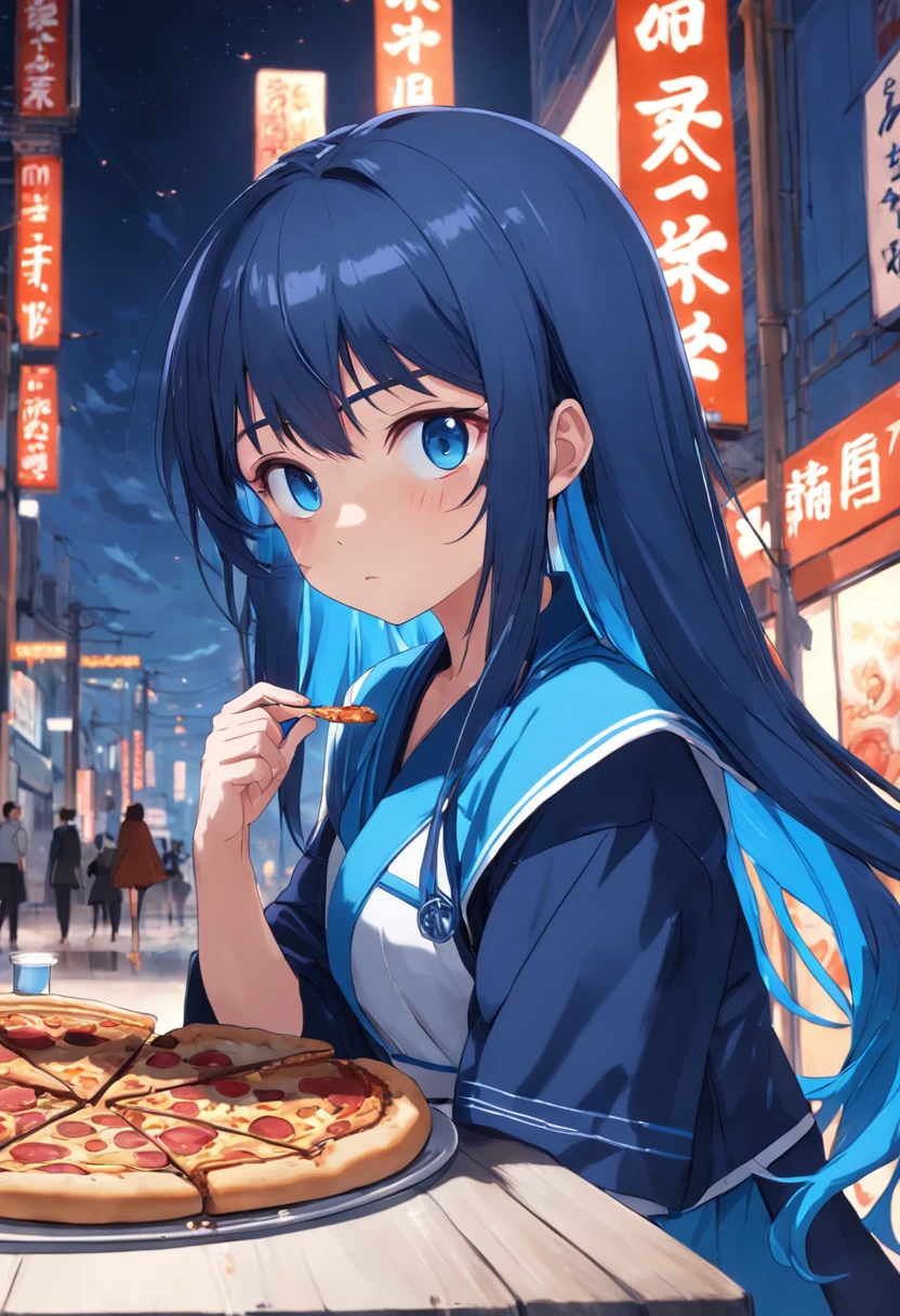 Strong girl, brunette color hair, best qualityer, Long hair, wearing a Japanese school uniform, extrovert, blue color eyes, eating pizza