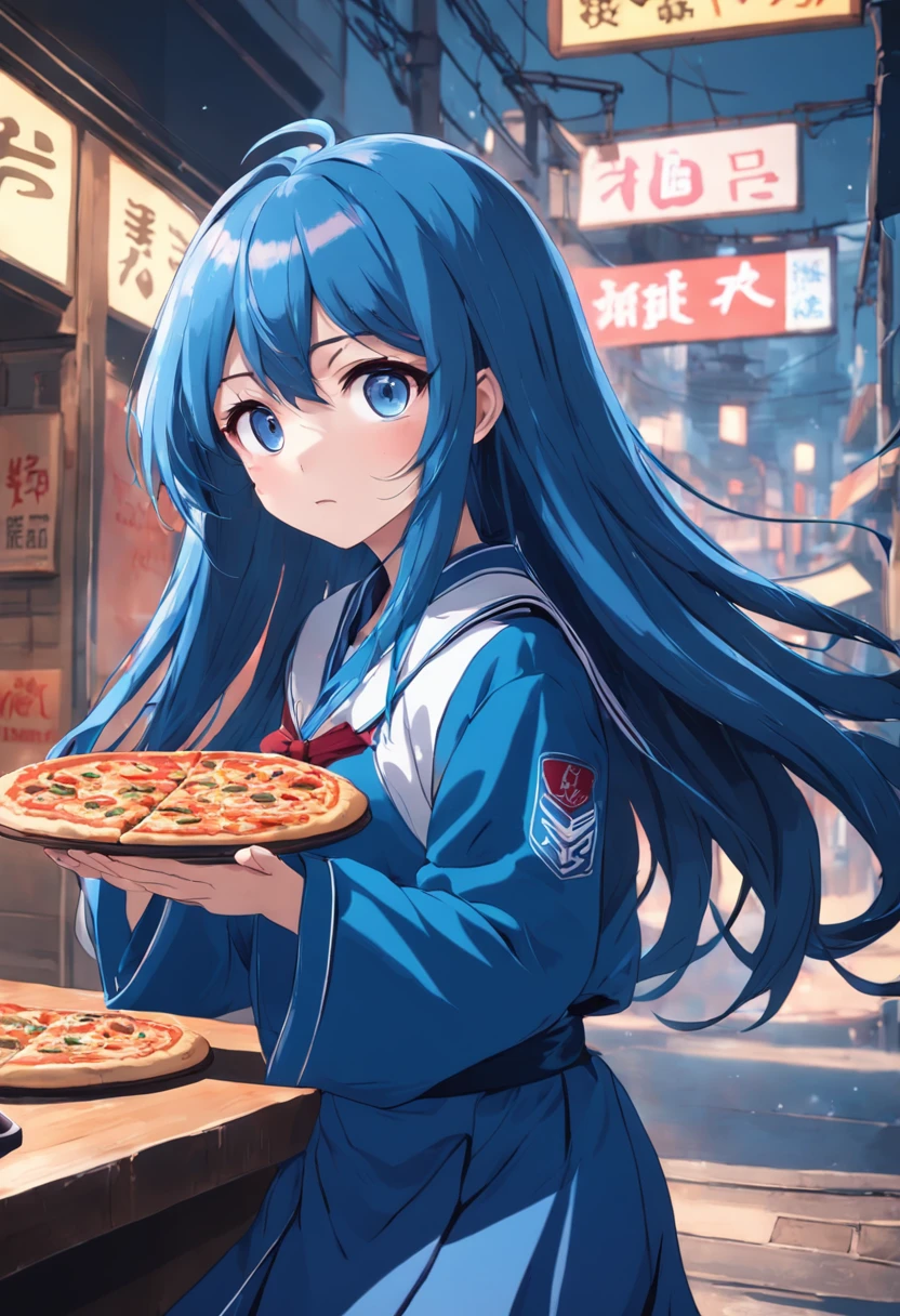 Strong girl, brunette color hair, best qualityer, Long hair, wearing a Japanese school uniform, extrovert, blue color eyes, eating pizza