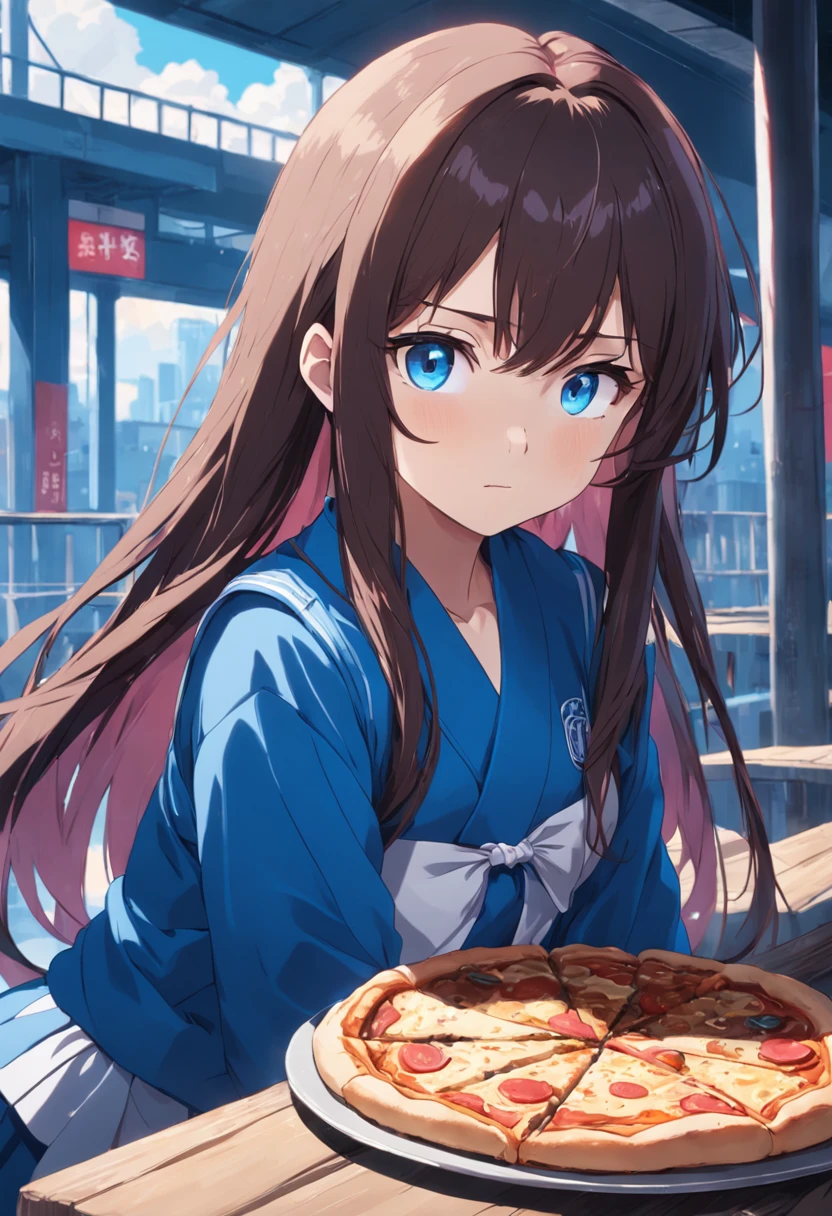 Strong girl, brunette color hair, best qualityer, Long hair, wearing a Japanese school uniform, extrovert, blue color eyes, eating pizza