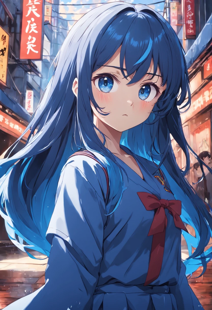 Strong girl, brunette color hair, best qualityer, Long hair, wearing a Japanese school uniform, extrovert, blue color eyes, eating pizza