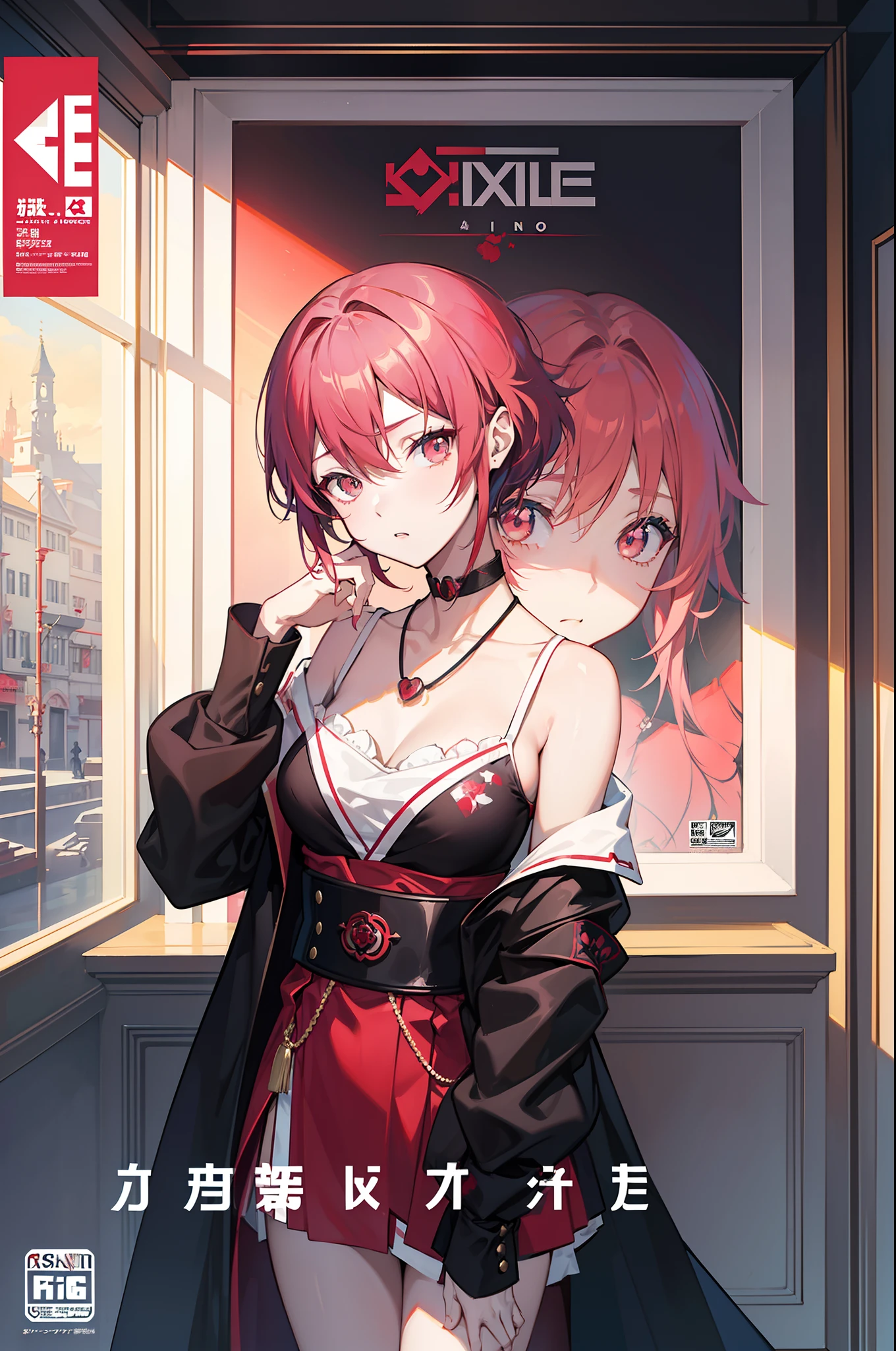 tachi-e (magazine:1.3), (cover-style:1.3), Poster featuring the painting of a young American tomboy girl with pink-red short hair with black choker necklace in a red uniform standing in a room, guweiz on pixiv artstation, beautiful androgynous princess, guweiz on artstation pixiv, guweiz, delicate androgynous prince, trending on artstation pixiv, guweiz masterpiece, artwork in the style of guweiz, imperial portrait, royal elegant pose, pink-red hair, black choker necklace, redeye, make it look like a magazine cover