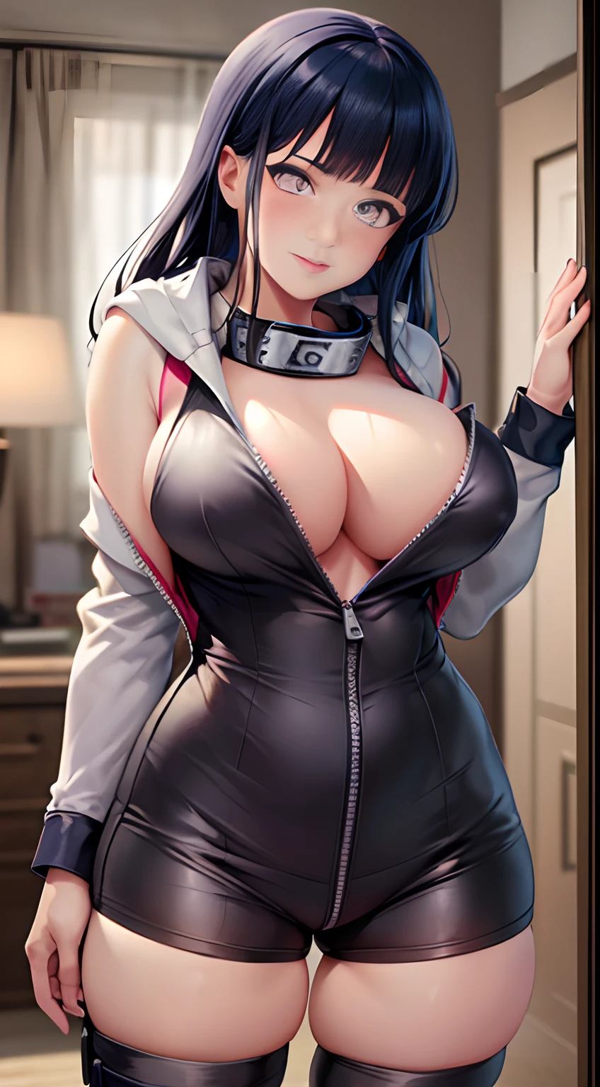 Masterpiece, highres, high Quality, detailed face, detailed body render, 1girl, solo, hyuuga hinata, hinata-sleeveless-outfit, large breasts, big breast, sleeveless shirt, fishnet top, dark lips, unzipped jacket, no bra, breasts out, nipple, standing, blushes, (on bedroom)
