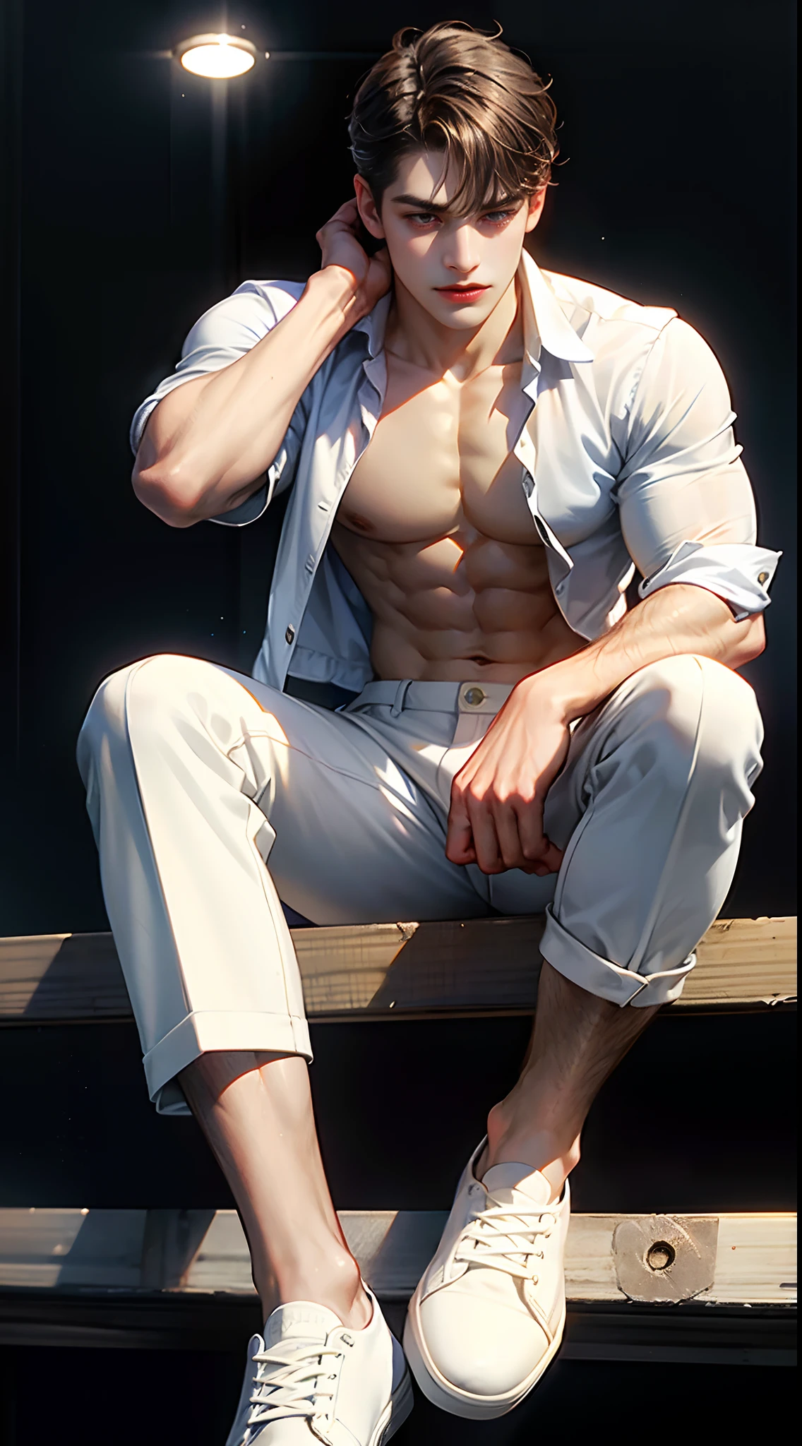 (absurderes, A high resolution, Ultra detailed, hdr), Masterpiece, Best quality, Portrait of a boy, Handsome boy with red eyes, Detailed face, Professional photo, The Alafed man is shirtless, Fight comfortably，legs are open, (puffynipple(From below:1.1)), Focus on your audience,18 year old boy, Handsome boy, [ Firmly defined body ]，The royal blue shirt is open，Abs，chest muscle，short white pants，large bulge，white shoe，Close-up of feet，starrysky