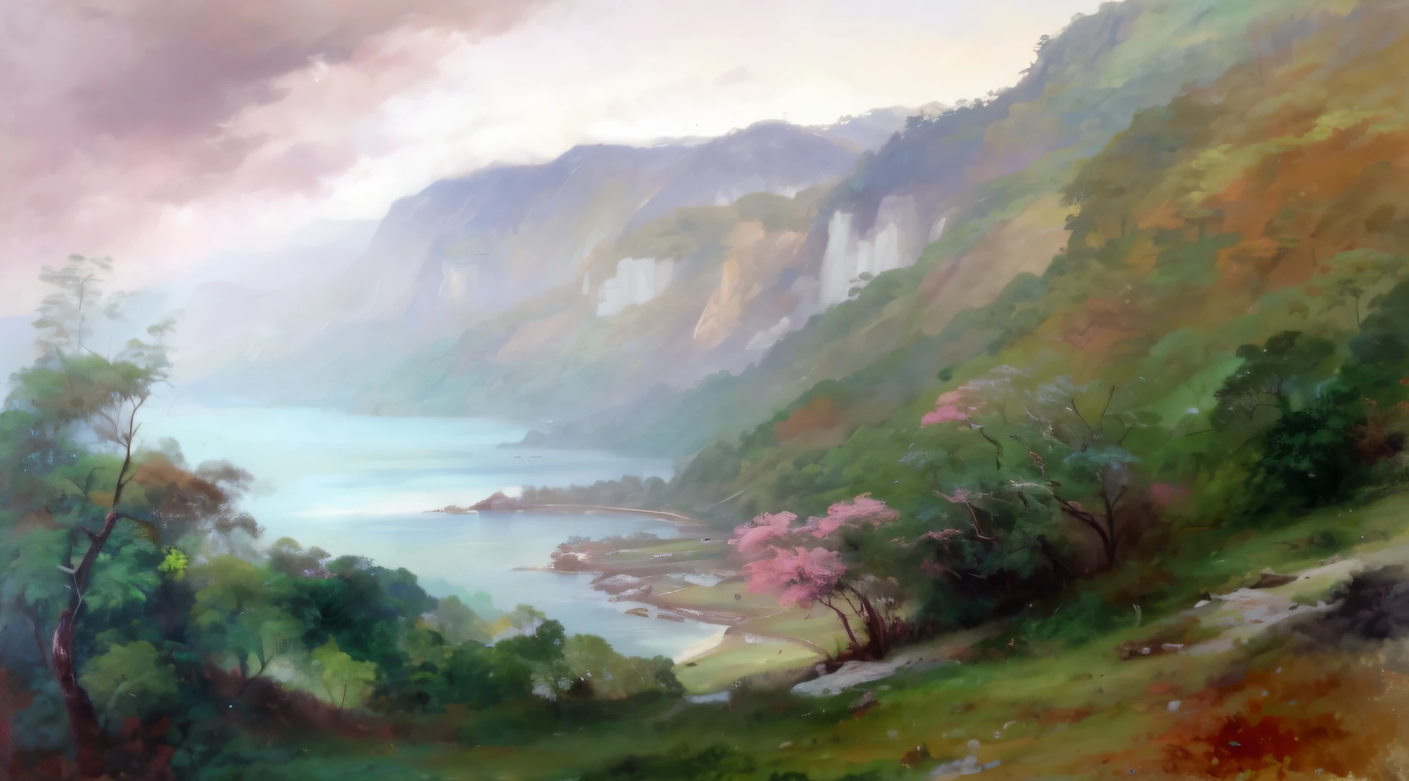 pintura de um rio que atravessa um vale verde exuberante com montanhas ao fundo, colinas fluidas, 8k resolution digital painting, 8k resolution digital painting, Pintura digital 4K, Pintura digital 4k, pintura digital detalhada, baixo detalhamento. pintura digital, Pintura Digital de Alto Detalhe, peaceful landscape, rio, trees and hills, pintura detalhada 4K, pintura digital 4k