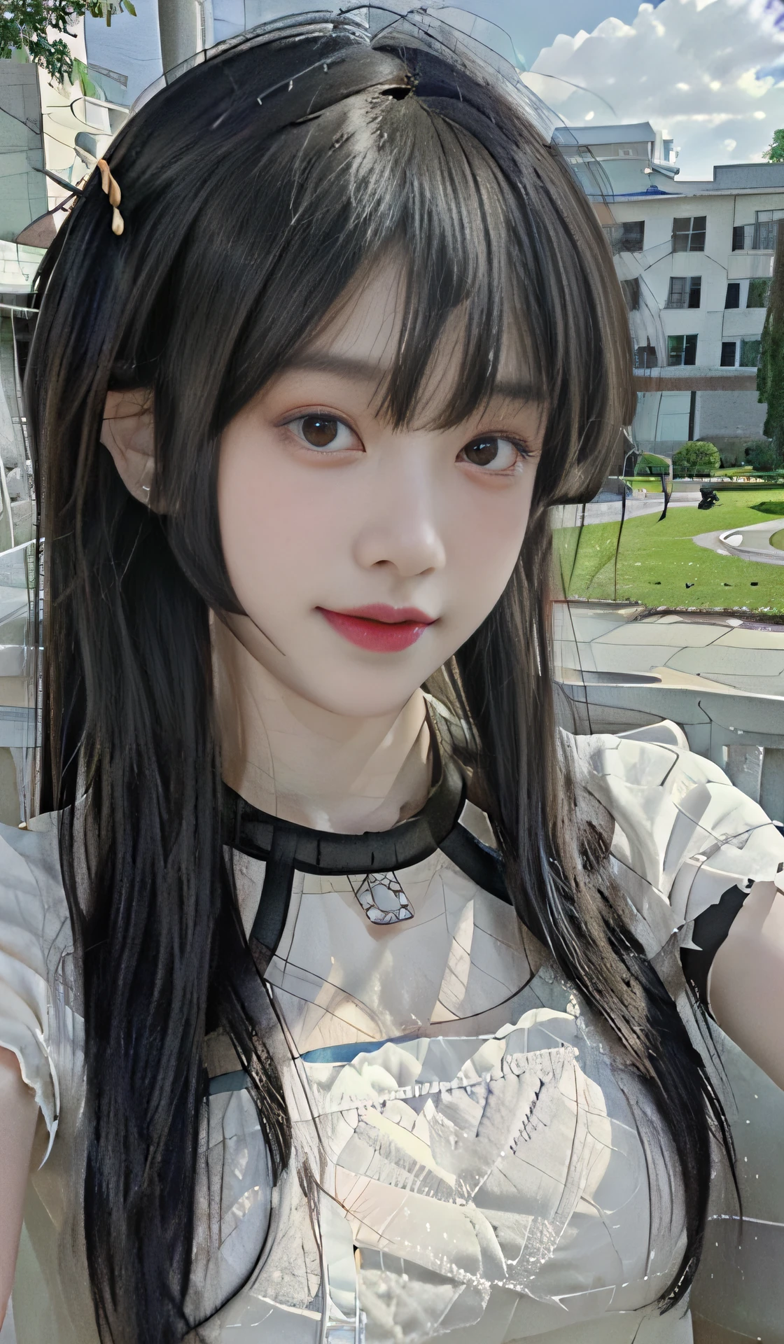 (8K、top-quality、tmasterpiece:1.2)、(hentail realism、Photorealsitic:1.37)、ultra - detailed、(1girl in:1.6)、Cute Baby Turtle、Beautiful detailed sky、(outside of house:1.4)、In the daytime、huge tit、brunette color hair、It's standing、Date、(nose blushing)、(A smile:1.15)、(a closed mouth:1.2)、nedium breasts、beatiful detailed eyes、dampness、Sateen、White lace、(long whitr hair:1.2)、Floating hair nova frog style、looking at viewert、Facing the viewer、full bodyesbian、Yobriel、