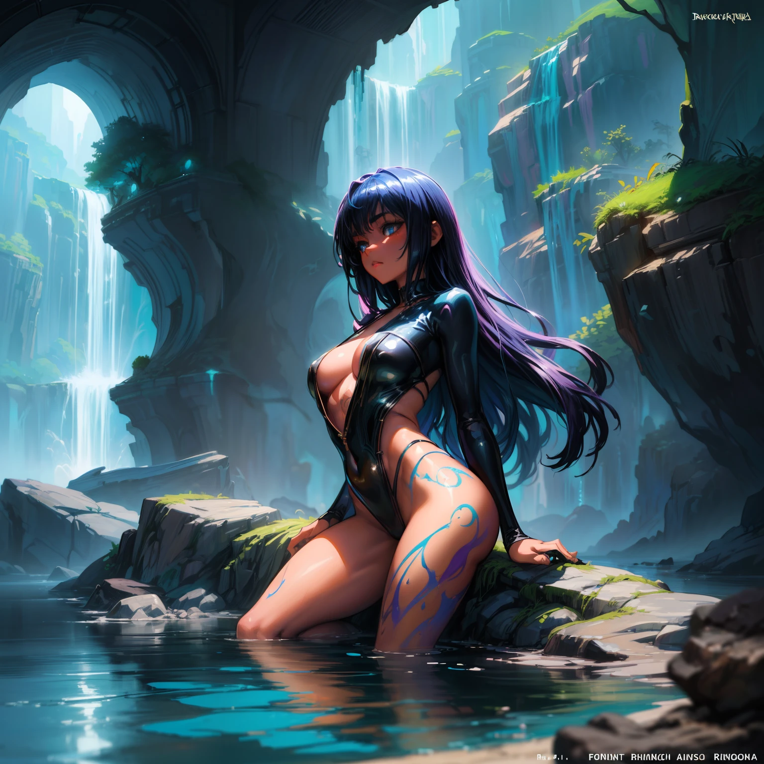 (((Character Design))), ((Fantasy and Artsy Dreamlike VFX Painting)) of a Young Darkskin Woman, wearing iridescent Dieselpunk swimsuit, bathing in a rock pool, in the style of Hentai\Manga/Anime Inks Illustration Art | by Ross Tran, by Artgerm, by Ari Libella | Dripping Inks, Illustration Lines | core Visual aesthetics by makoto shinkai