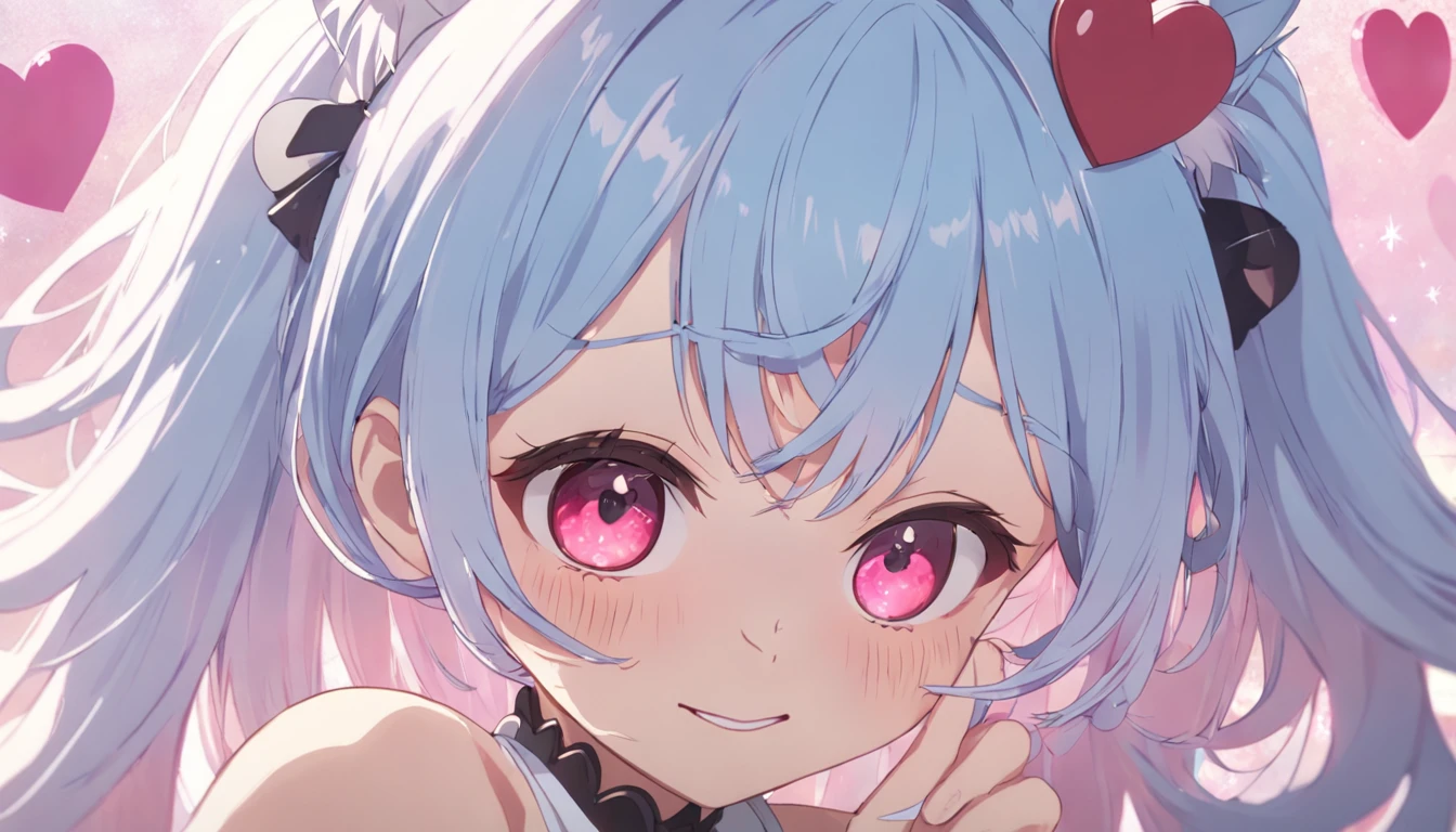 1girl, longeyelashes, silver hair, light blue hair, gradient hair, hairclip, hairpin, hair ornament, heart-shaped pupils, pink eyes, cat ears, light smile, shy, blush, heart in eye, anime, anime style, 8k, super detail, best quality, UHD, masterpiece, high details, high quality, best quality