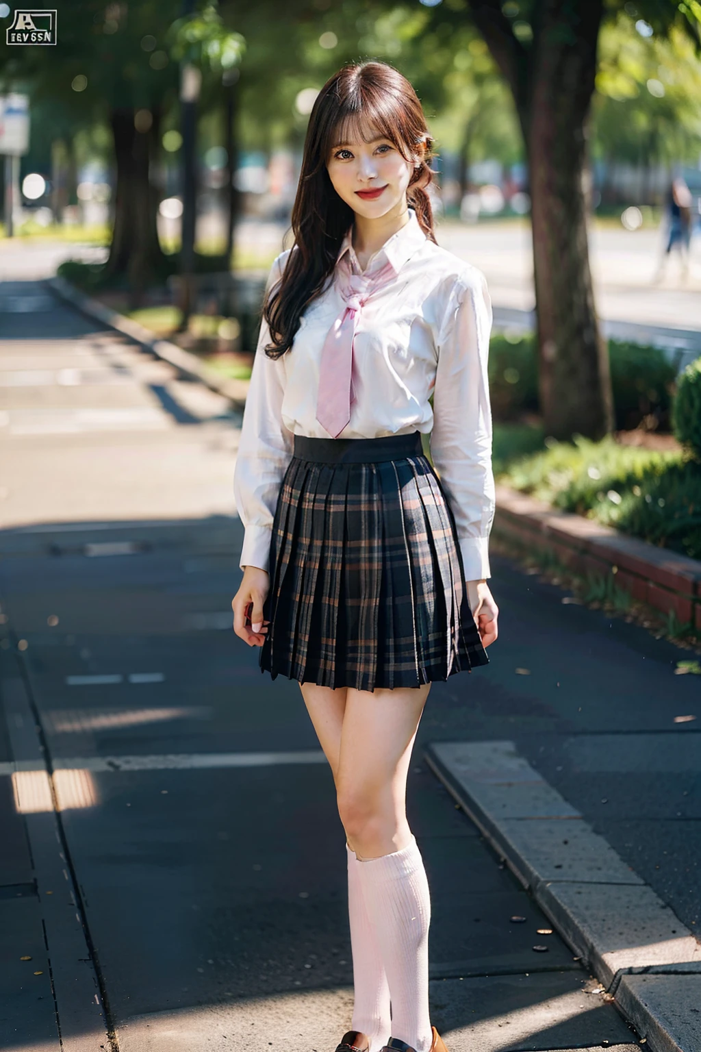 absurdres, 8K raw photo, best quality, ultra high res, 1girl, looking at viewer, natural skin texture, realistic eye and face details, smile, beautiful legs, skinny, slim legs, solo, ageyo sal, JAPANESE girl, sunshine, shiny hair, skirt, loose necktie, socks, shoes, school uniform, plaid, plaid skirt, shirt, loafers, knee highs, pleated skirt, full body, black footwear, black socks, realistic, (standing), sunshine, (((depth of field:1.4))), smile, absurdres, , detailed face, detailed eyes, see-through bangs,A person with pink straight hair,a person with long pink hair