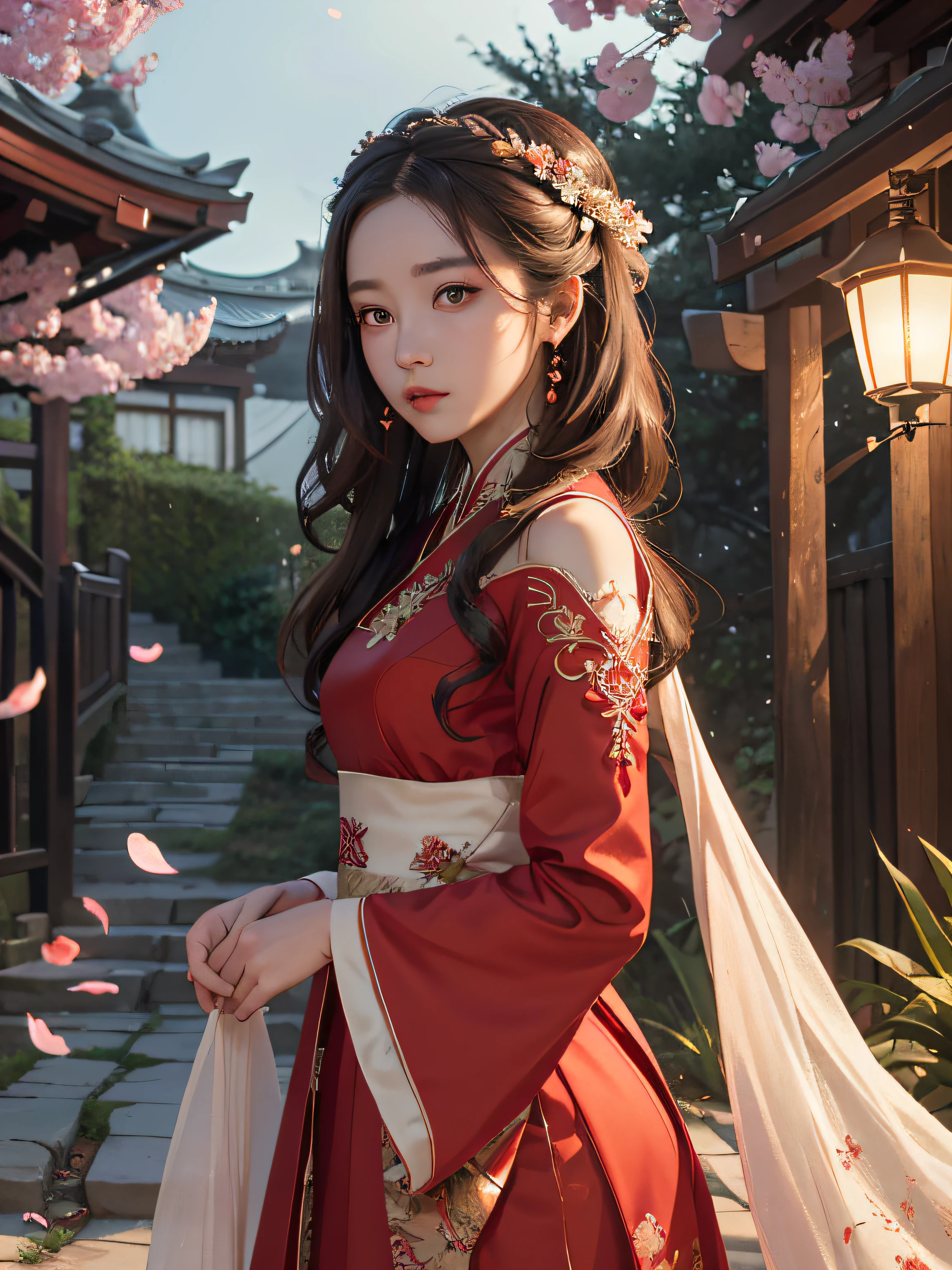 Superb Quality, Masterpiece, High Resolution, (Exquisite Body: 1.5), Stunning Beauty, (Milky Skin: 1.3), Delicate Details, High Resolution, Wallpaper, 1 Woman, Solo, Dress, Hair Accessories, (((Red Dress)) ), Flower, Long Hair, Brown Hair, Shut Up, Accessories, Long Sleeves, Raised Hand, Wide Sleeves, Big Eyes, Flowing Hair, Hanfu, Hanfu, Embroidery, Long Skirt, Natural Pose, Falling Petals, Calf Injury, Sadness, Fanning, Lantern, 16K, HDR, High Resolution, Depth of Field, (Film Grae: 1.1), Bocon, Primetime, (Lens Glow), Vignette, Rainbow, (Color Grading: 1.5)