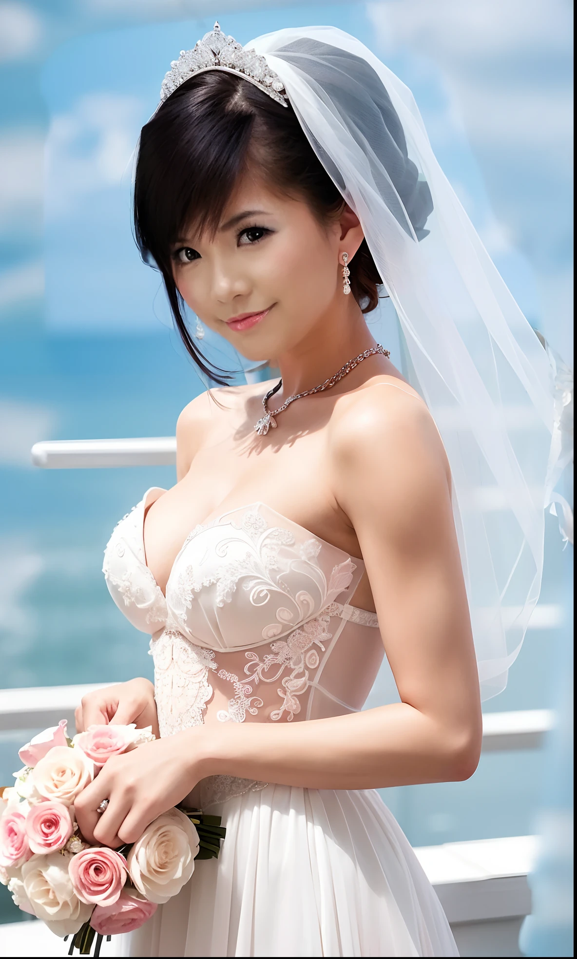 Close-up of beautiful bride in bridal dress,Guvitz,Blush,Head flower,headdress,(Bandeau wedding dress:1.5),(Silk dress:1.2),(Strapless wedding dress:1.5),Plain white dress,necklace,earring,Wedding cutouts,(huge tit:1.3),Neck ornaments,Deep V peach heart collar wedding dress,Liuhai,Bouquet,lipstick,(Lace gloves:1.3),(Bridal veil:1.2),(Transparent veil:1.2),Bust photo,High detail RAW color art,Tyndall phenomenon