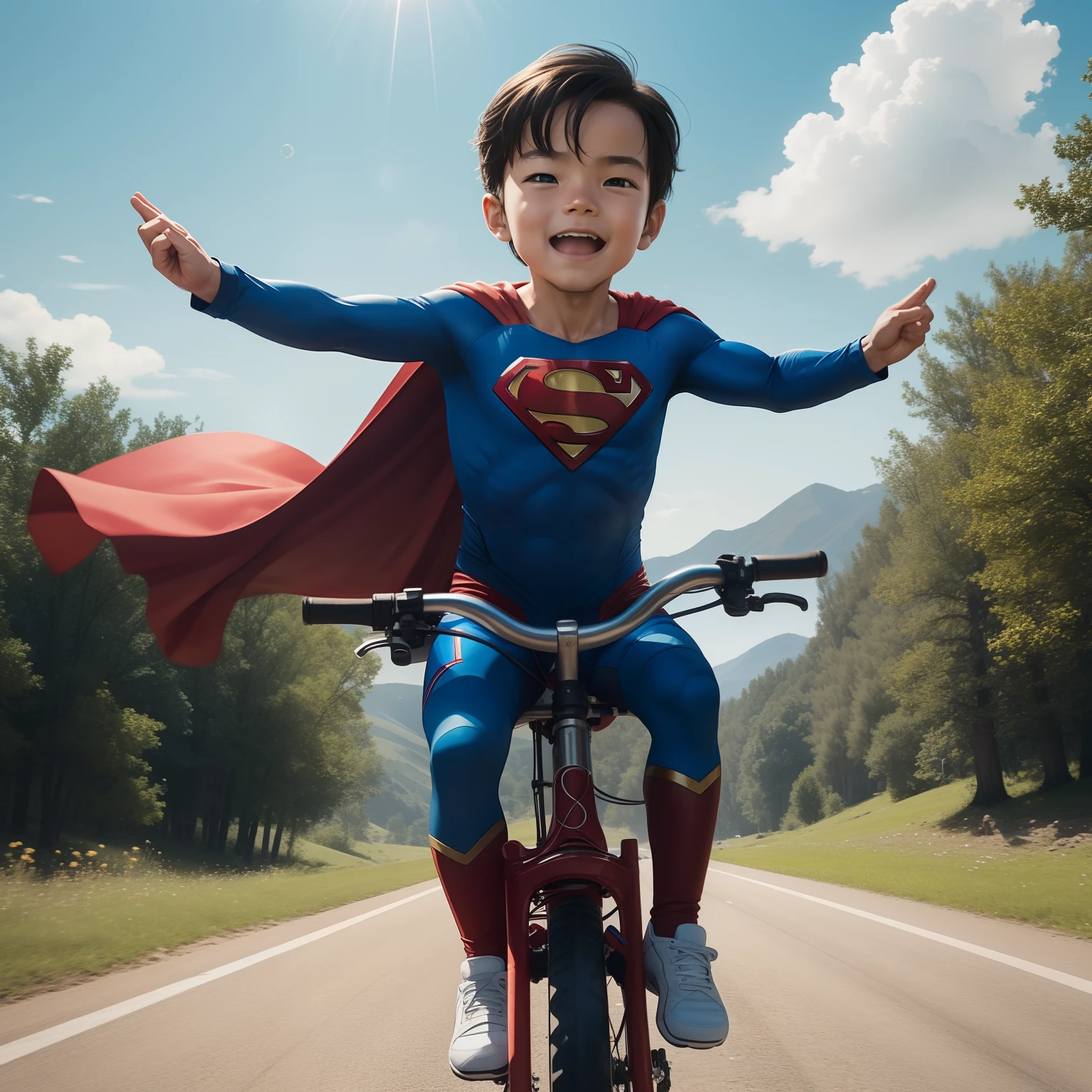 /create prompt:Superman Super Baby cycling through a picturesque countryside, showcasing his adorable and super-powered cycling skills. The scene starts with Superman Super Baby confidently climbing onto a small bicycle, his tiny cape fluttering in the breeze. As he begins to pedal, his incredible strength propels him forward at impressive speeds. The camera captures his joyful expressions and the awe of the onlookers who witness his remarkable abilities. Utilize sweeping shots and beautiful landscapes to create a cinematic and enchanting atmosphere. During his cycling journey, Superman Super Baby uses his powers to create small gusts of wind, lift his bicycle into the air, and even perform gravity-defying tricks. As he finishes his cycling adventure, he playfully soars into the sky with his bicycle, leaving behind a trail of stardust. The video ends with the cheers and applause of the amazed crowd. -gs 15 -ar 16:9 -motion 4