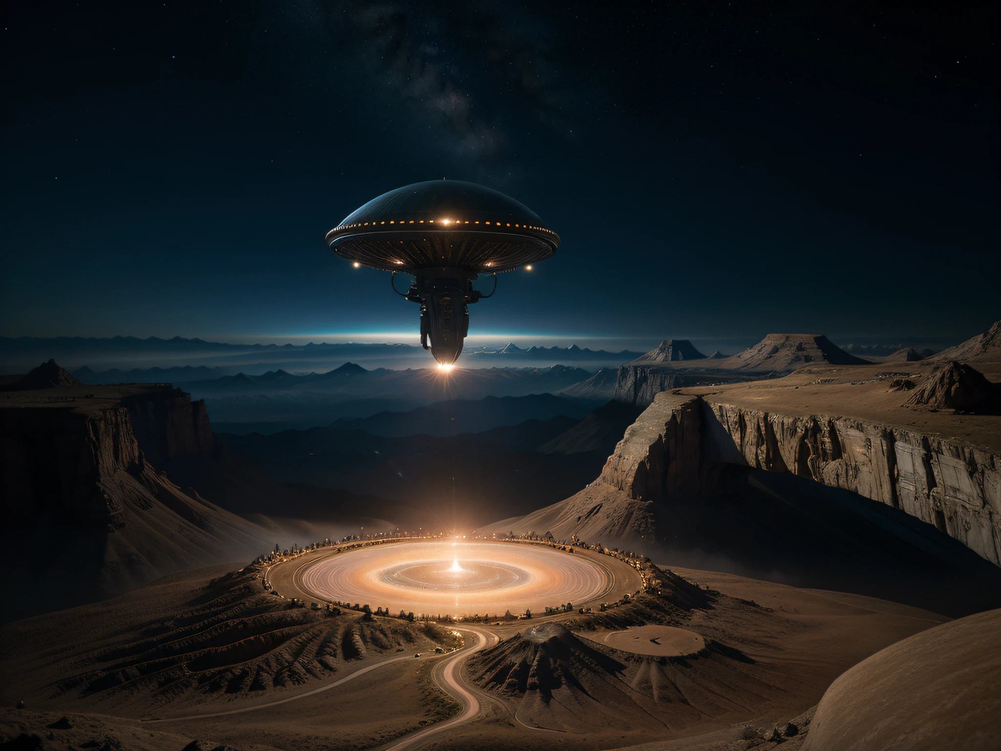 Hyper Realistic Photograph, Alien First Contact: Imagine a scene where humans encounter an extraterrestrial civilization for the first time, exploring the challenges, diplomacy, and cultural clashes that arise from interstellar interactions, ufo, 64k, Masterpiece, ULTRAHD